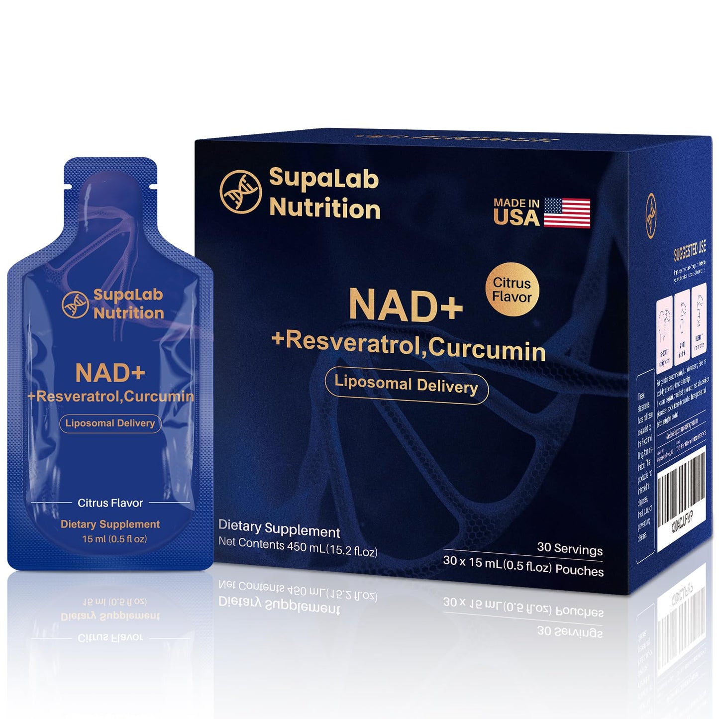 Liposomal NAD+ Supplement with Resveratrol, Anti-Aging, Energy Boost & Cellular Health Support, 15.2 fl. oz NAD Liquid for Men & Women (30 Pouch)