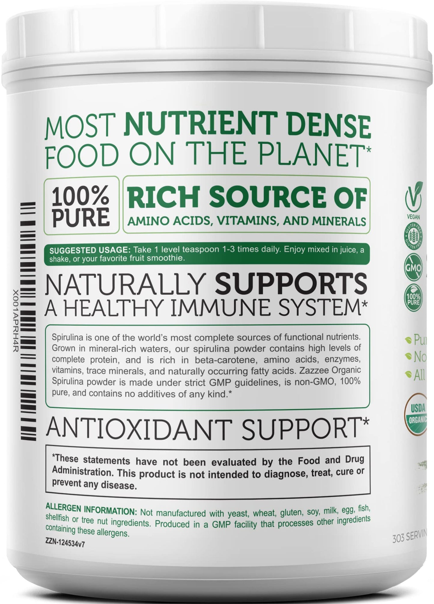 Zazzee Organic Spirulina Powder, 2.2 Pounds (1 KG), USDA Certified, 303 Servings, 100% Pure, Non-Irradiated, Mess-Free Wide Mouth Container, Fresh Smell and Neutral Taste, Vegan, Non-GMO, Gluten-Free