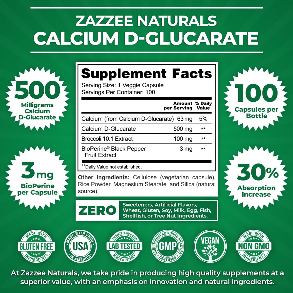 Zazzee High Absorption Calcium D-Glucarate, 500 mg per Capsule, 3 mg BioPerine for Enhanced Absorption, 100 Vegan Capsules, Plus Broccoli 10:1 Extract, 100% Vegetarian, CDG, All-Natural and Non-GMO