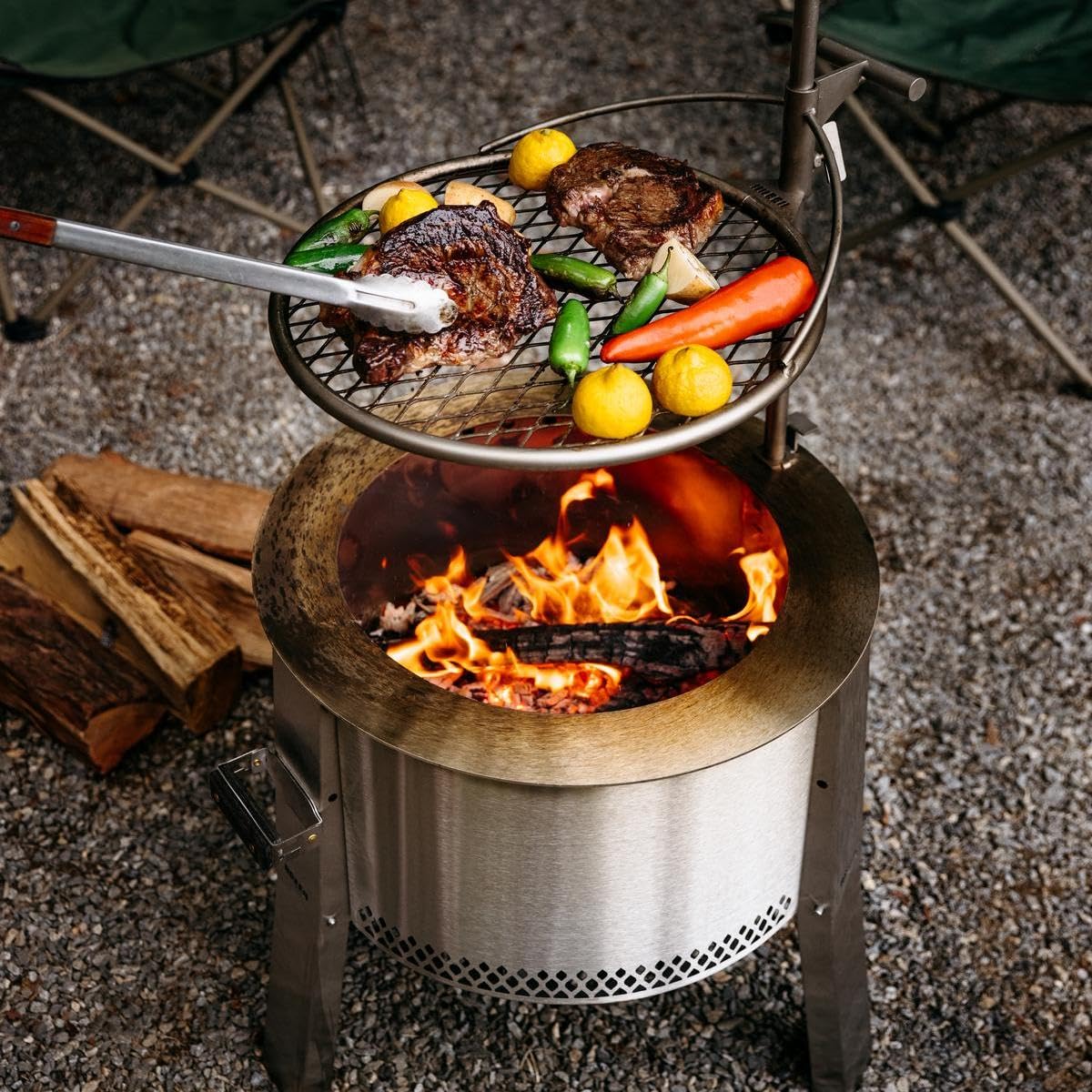 Breeo Smokeless FIrePit to-Go Bundle (Y Series Stainless Steel, Outpost Grill & to Go Case) | 21 inch Smokeless Fire Pit for Outside | Ideal for Families