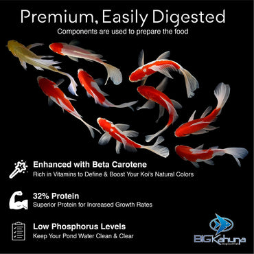 BIG Kahuna Koi Fish Food – Made in The USA - Koi Food Floating Pellets – 3/16" - 1/4" Pellet Size – 32% Protein Fish Food – Rich in Nutrients