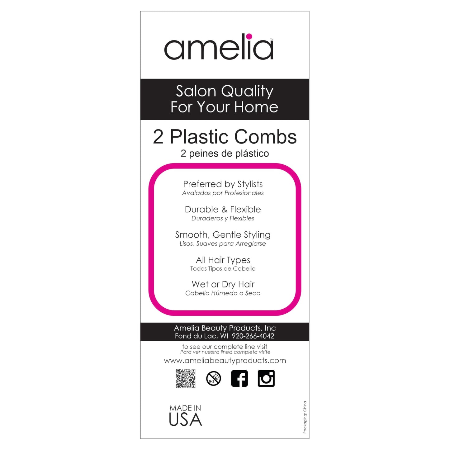 Amelia Beauty, 7in Black Plastic Wide Tooth Tease Comb, Made in USA, Professional Grade Pocket Hair Comb, Wet, Tangled Hair, Flip to Lift, Tease, Everyday Styling Cutting Hair Styling Tool, 2 Pack
