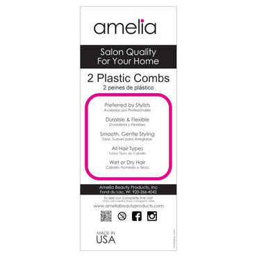 Amelia Beauty, 7in Black Plastic Wide Tooth Tease Comb, Made in USA, Professional Grade Pocket Hair Comb, Wet, Tangled Hair, Flip to Lift, Tease, Everyday Styling Cutting Hair Styling Tool, 2 Pack