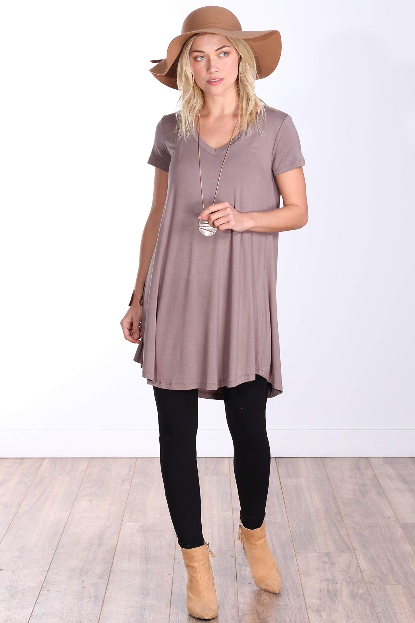 Popana Womens Short Sleeve Summer Tunic Tops to Wear with Leggings Loose Fit Made in USA Toffee