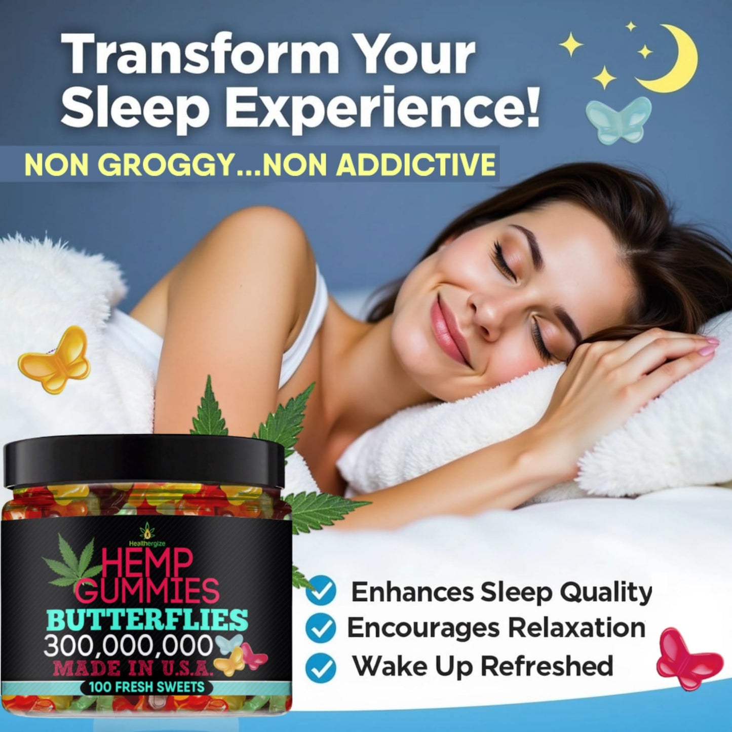 Healthergize Hemp Gummies Premium-Delicious Butterflies Gummy Bear Edibles-Fresh Fruity Flavors-Natural Candy Peace and Relaxation-for Sleep, Calm, Relax-Made in USA-100 Count