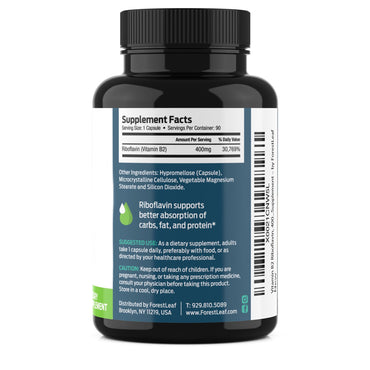 ForestLeaf Vitamin B2 Riboflavin 400mg - Energy, Skin & Cellular Health Supplement - Nervous System Support - Vitamin B 2 VIT B - Non-GMO & Gluten Free - B2 Vitamin 400mg Vegetable Capsules, 90 Count