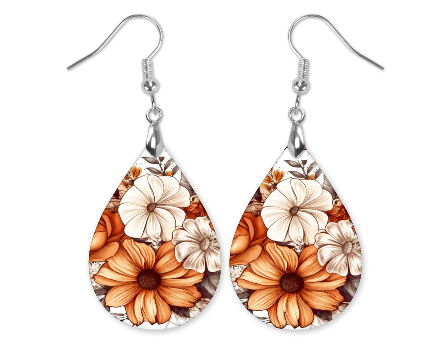 Burnt Orange Earrings for Women Fall Autumn Thanskgiving Lightweight Teardrop Dangle Fun Colorful Statement Jewelry Handmade by the Painted Pug (Fall Boho Floral)