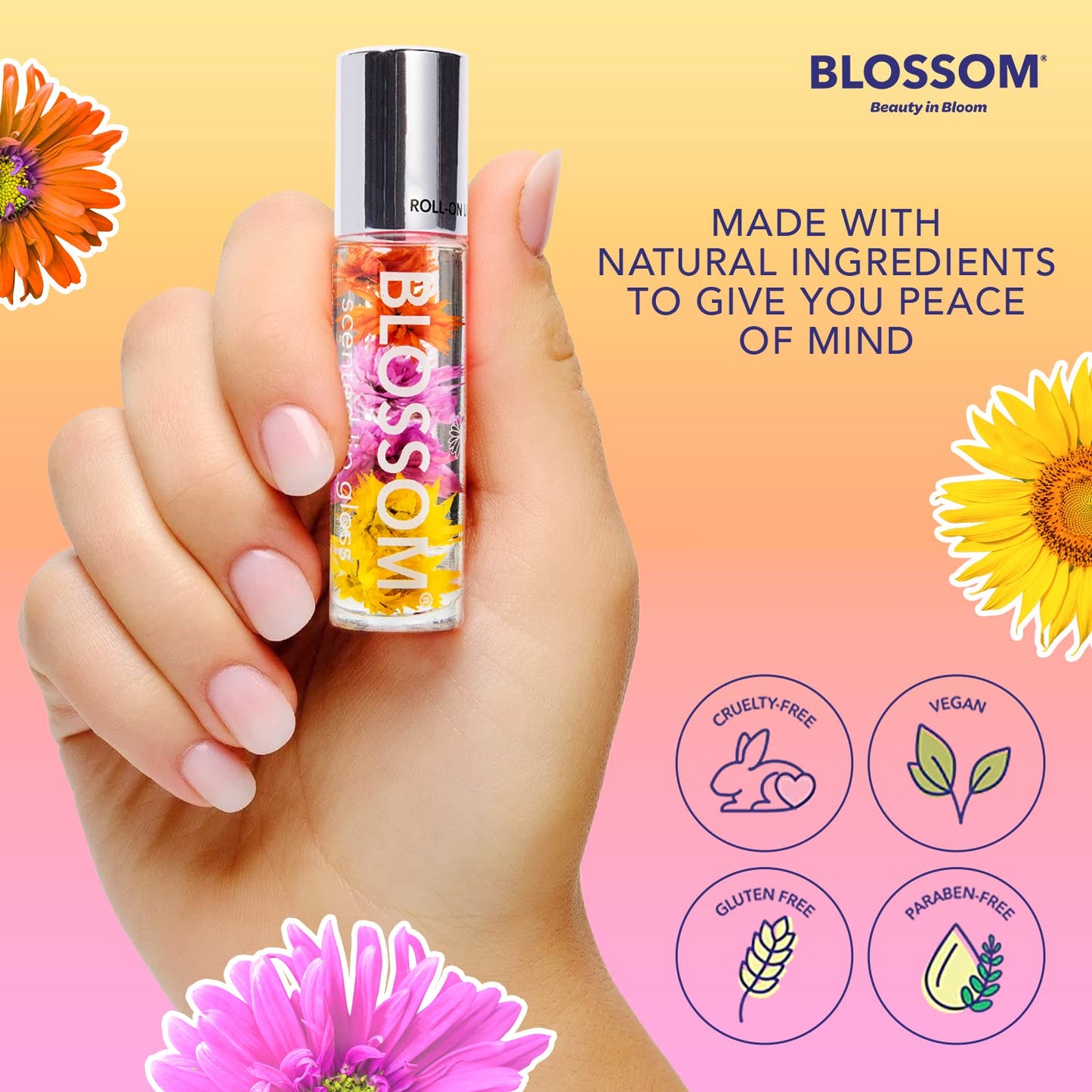 Blossom Roll on Lip Gloss, Scented Clear High Shine Moisturizing Lip Oil, Non Sticky, Infused with Real Flowers, Made in USA, 0.2oz, Mango