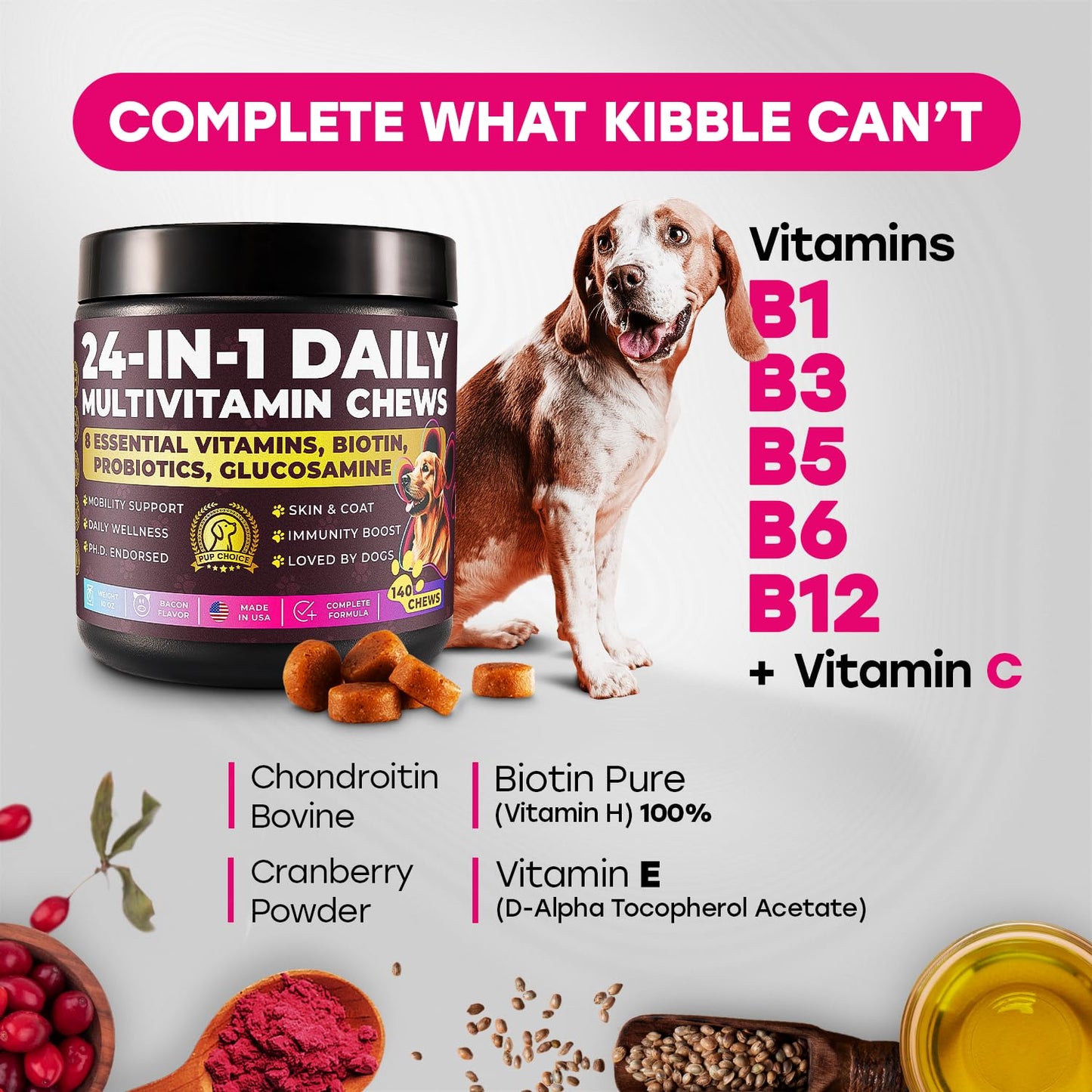 24-in-1 Complete Multivitamin Treats for Dogs - PhD Endorsed 8 Vitamins, Biotin, Probiotics, Glucosamine - Daily Wellness, Immunity, Skin & Coat, Mobility 140 Treats - Bacon Flavor - Made in USA