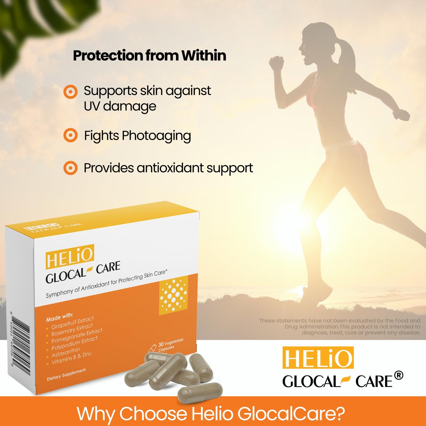 GlocalCare Helio – Antioxidant-Rich Sun Defense & Skin Rejuvenation Supplement with Polypodium, Nutroxsun, Astaxanthin & Pomegranate Extract - Fights Photoaging & Oxidative Stress - (30 Capsules)