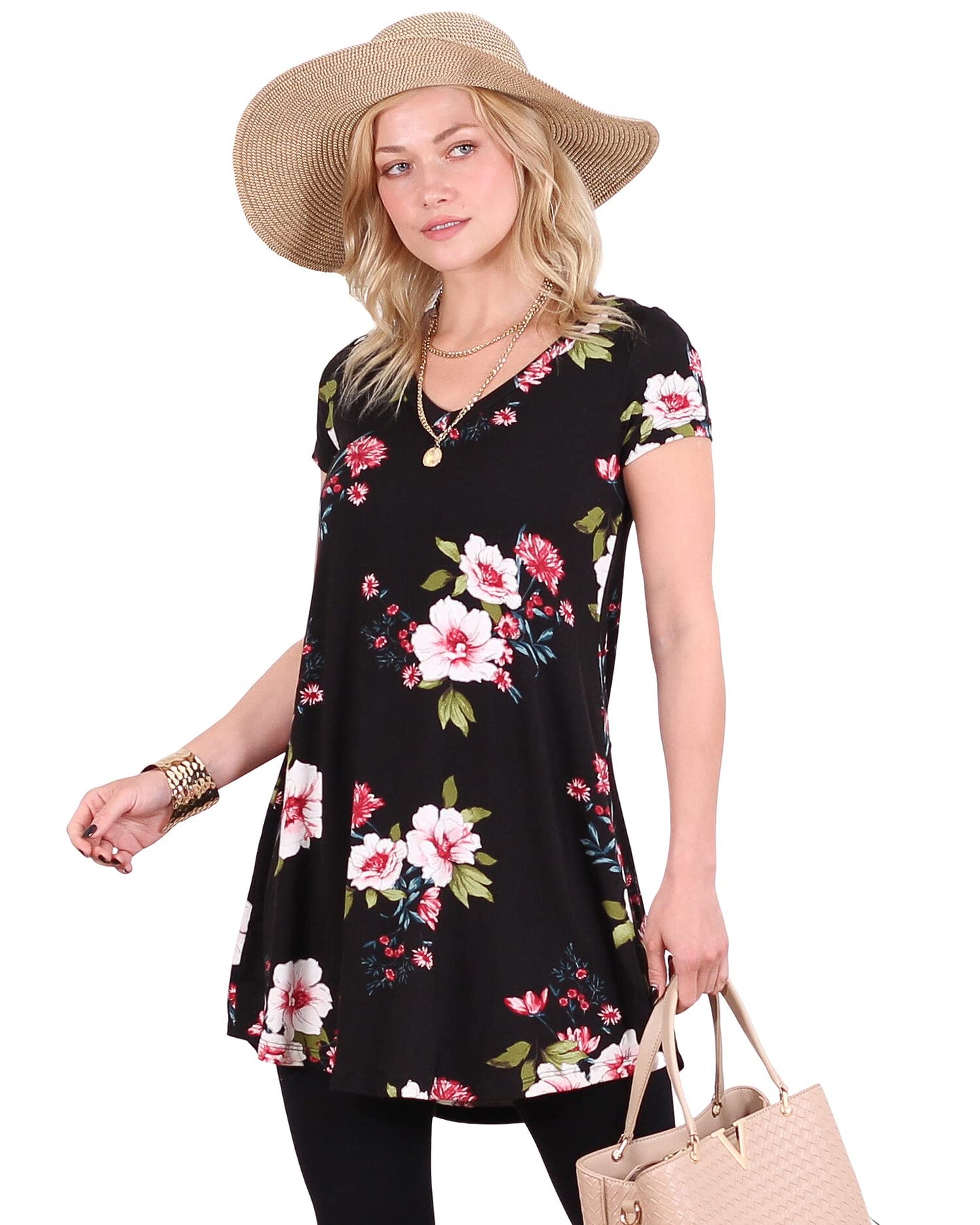 Popana Womens Short Sleeve Summer Tunic Tops to Wear with Leggings Loose Fit Made in USA Floral