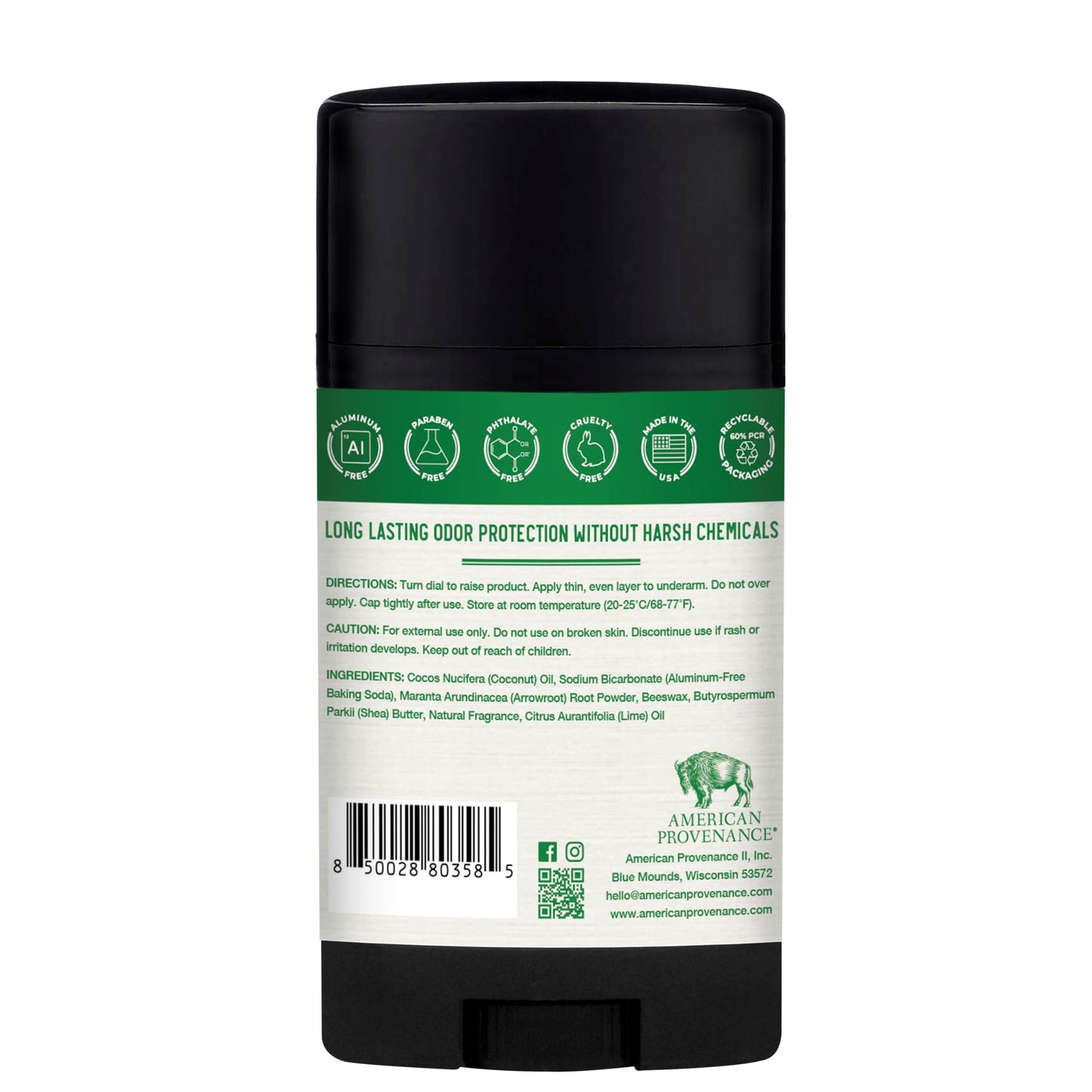 American Provenance All Natural Deodorant for Men and Women- Aluminum Free Deodorant that Lasts All Day - Made in the USA with Essential Oils & Cruelty Free - Bay Rum & Lime (1 Pack)