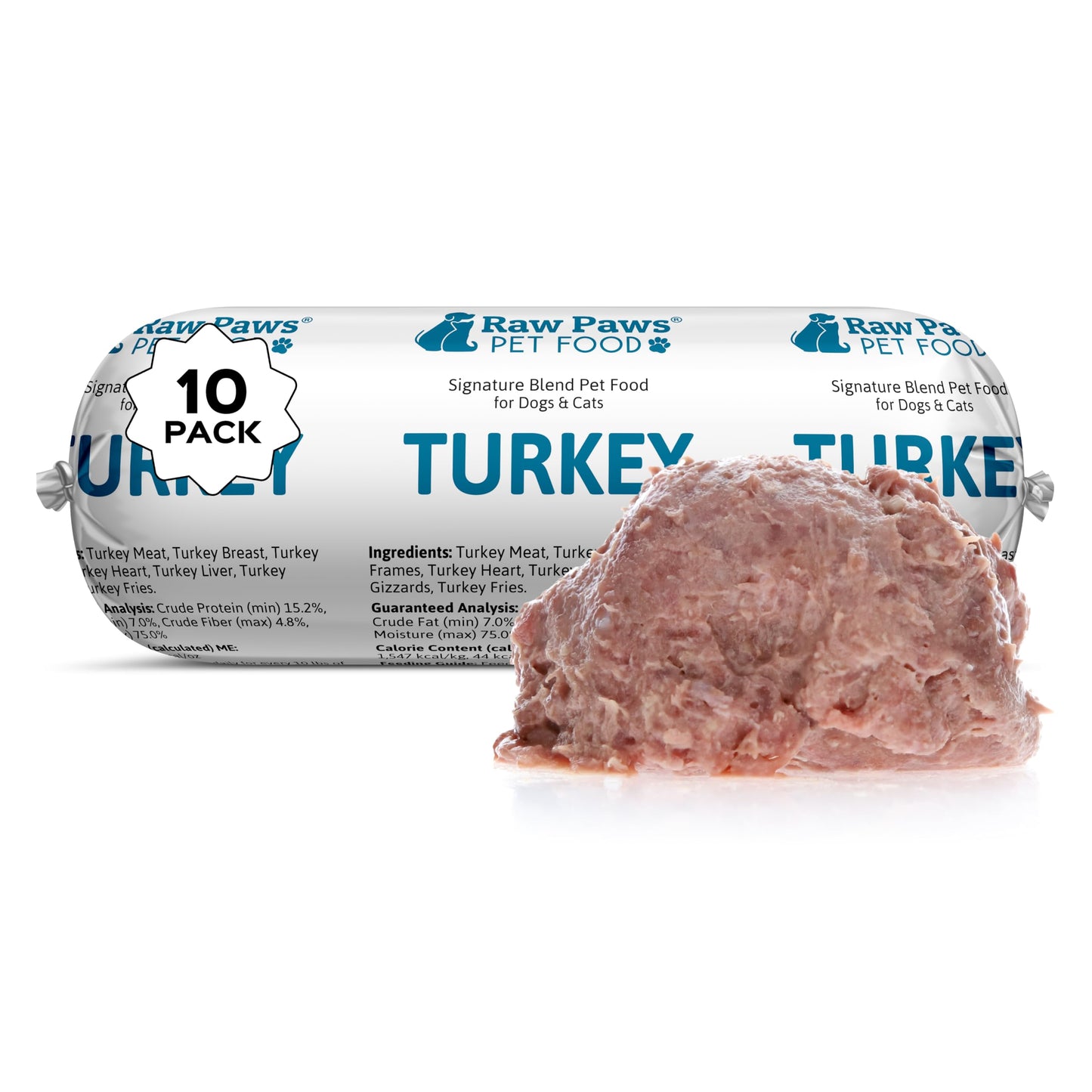 Raw Paws Signature Blend Pet Food for Dogs & Cats - Turkey Recipe, 1-lb Rolls (10 Pack) - Made in USA Frozen Turkey Roll Dog Food - Refrigerated Log Dog Food - Raw Frozen Food for Dogs