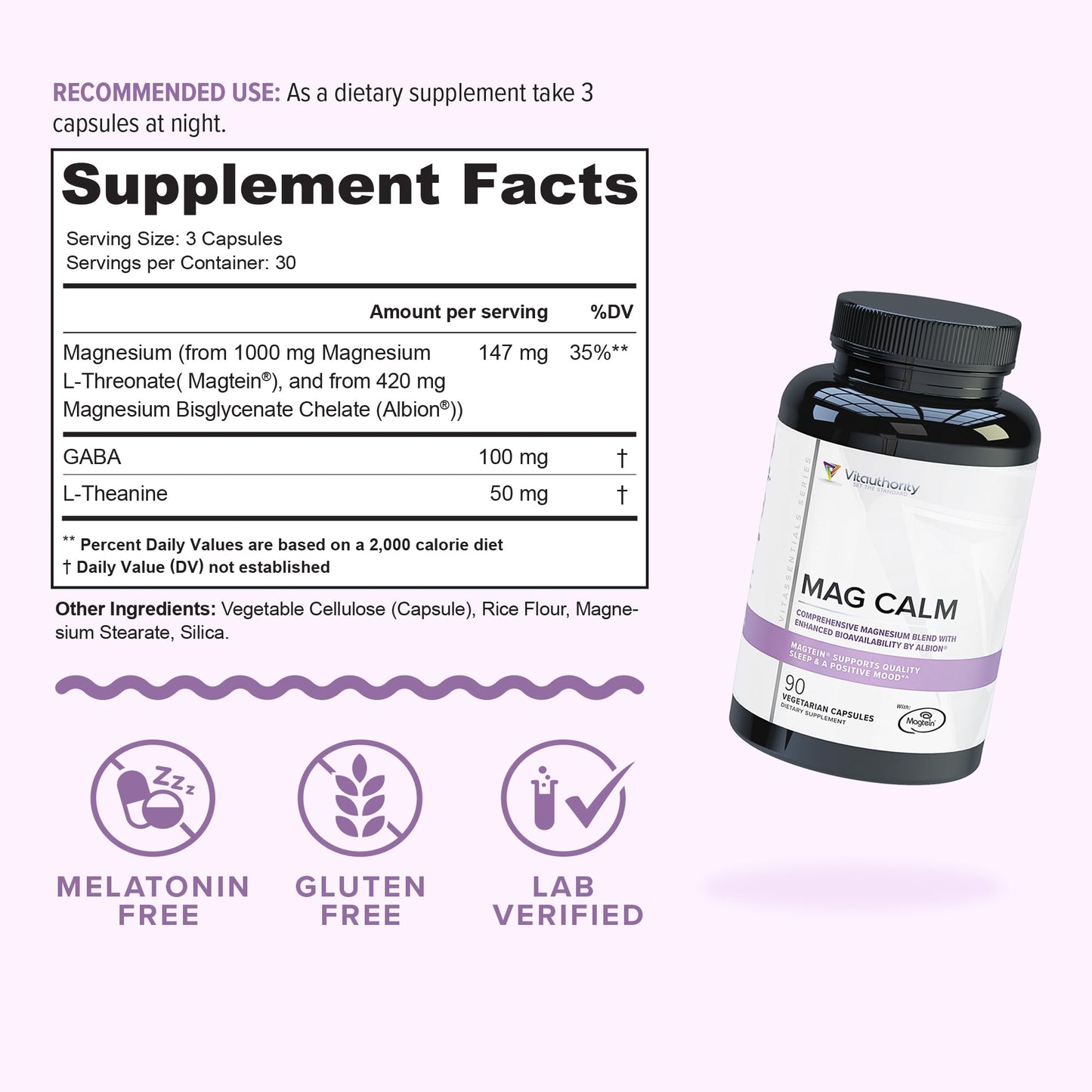Vitauthority Magnesium L-Threonate Biglycenate Chelate Blend GABA and L-Theanine Sleep Support 90 Capsules 30 Servings