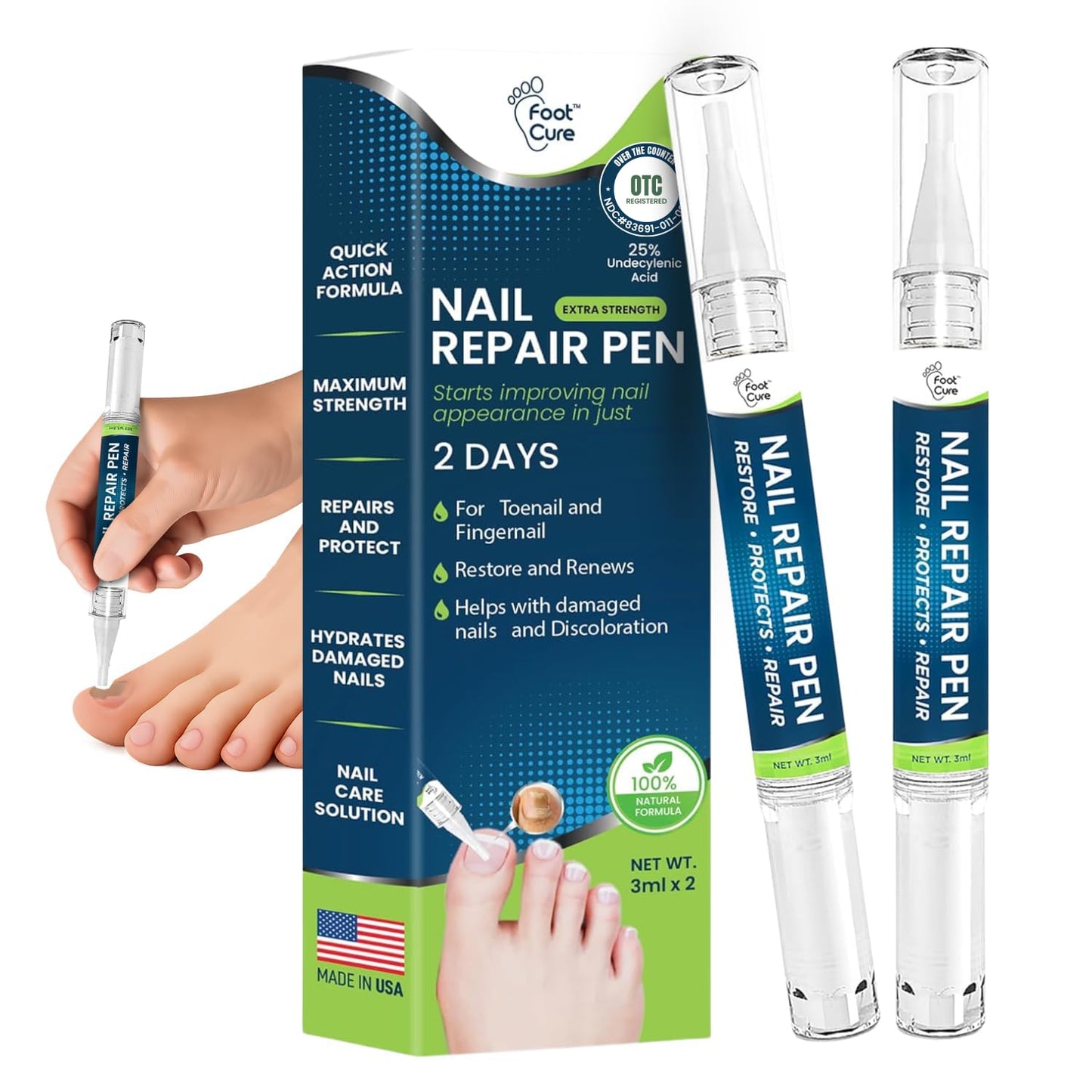 Footcure Toenail Fungus Treatment Extra Strength – 25% Undecylenic Acid Antifungal Pen, Repair & Restore Toenails & Fingernails, Natural Tea Tree & Oregano Oil, Made in USA (2-Pack)