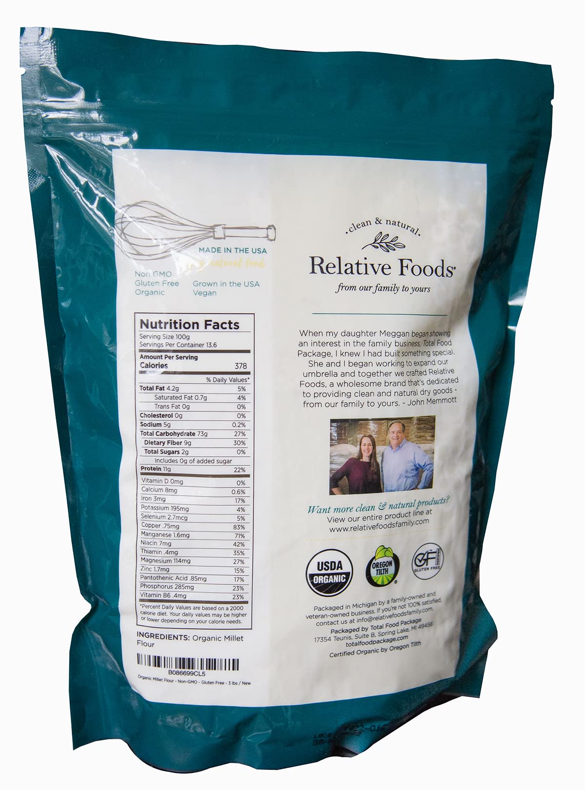 Millet Flour 3 pounds USDA Organic, certified gluten free, sourced 100% from the USA dry milled with no additives