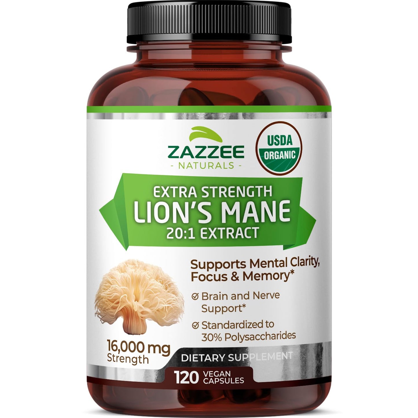 Zazzee USDA Organic Lion's Mane 20:1 Extract, 30% Polysaccharides, 16,000 mg Strength, 120 Vegan Capsules, Nootropic for Brain Health, Focus, Memory, Concentration and Immune Support, Made in The USA