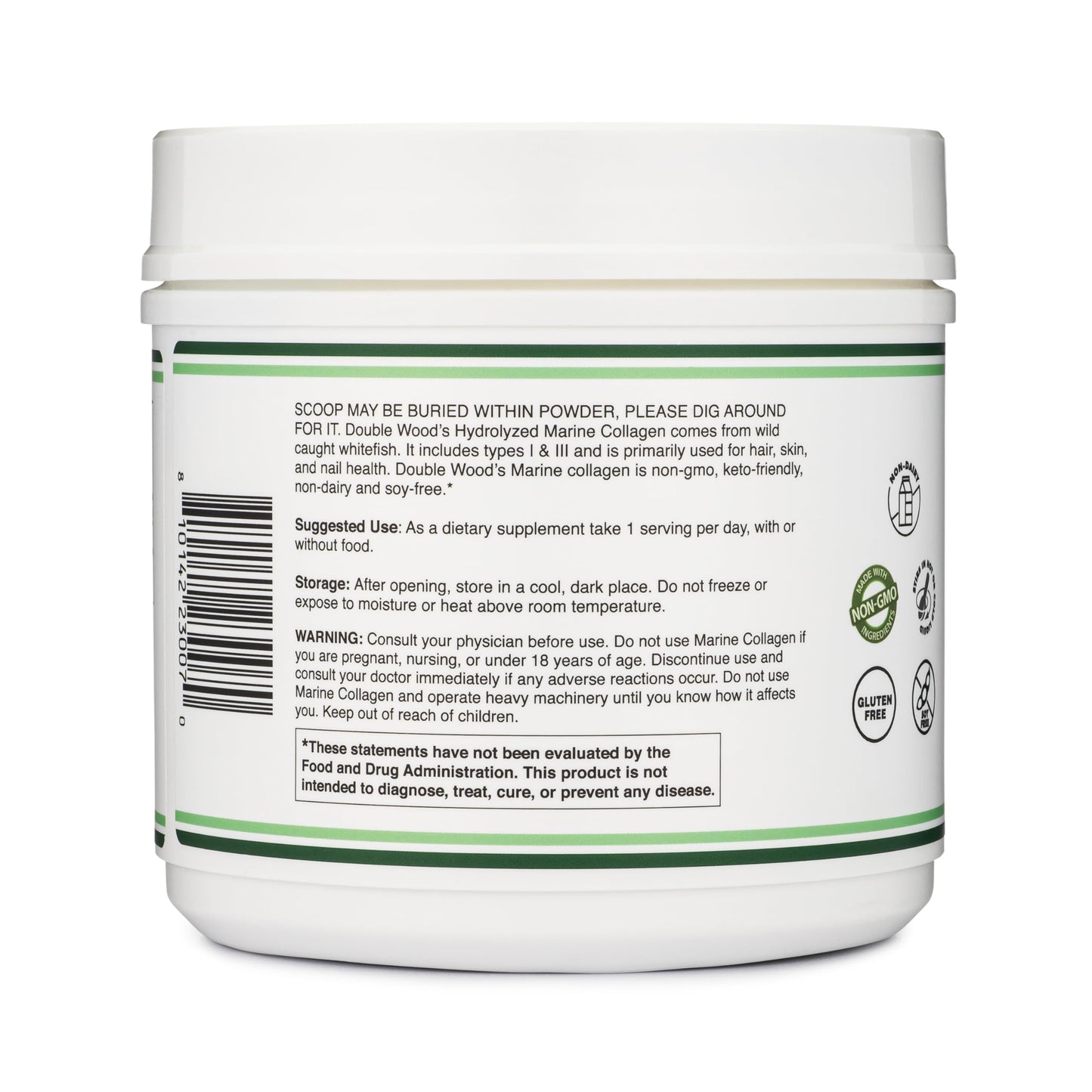 Double Wood Supplements Marine Collagen Powder (1 LB / 16 OZ of Quick Dissolve Marine Collagen Peptides) Wildcaught, Unflavored, Micronized - Scoop Included, No Fillers (38 Servings of 12 Grams Each)