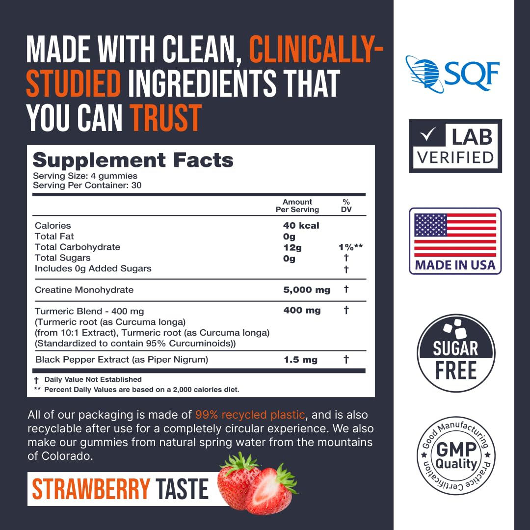 EcoWise Wellness Creatine Monohydrate Gummies 5000 mg, Strawberry Flavor, 120 Sugar-Free Vegan Chews, Creatine Supplement for Daily Routine