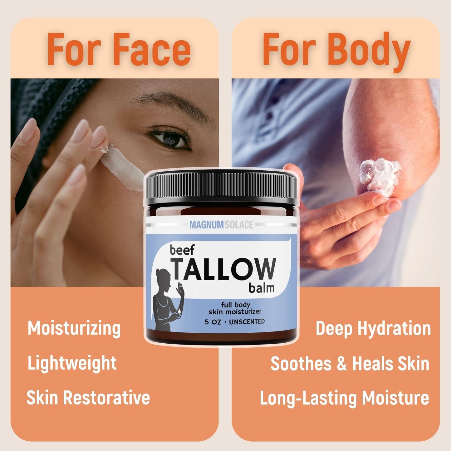 Magnum Solace Beef Tallow Balm for Skin – 5 oz Unscented Moisturizer for Dry & Sensitive Skin – 2-Ingredient Natural Hydrating Balm