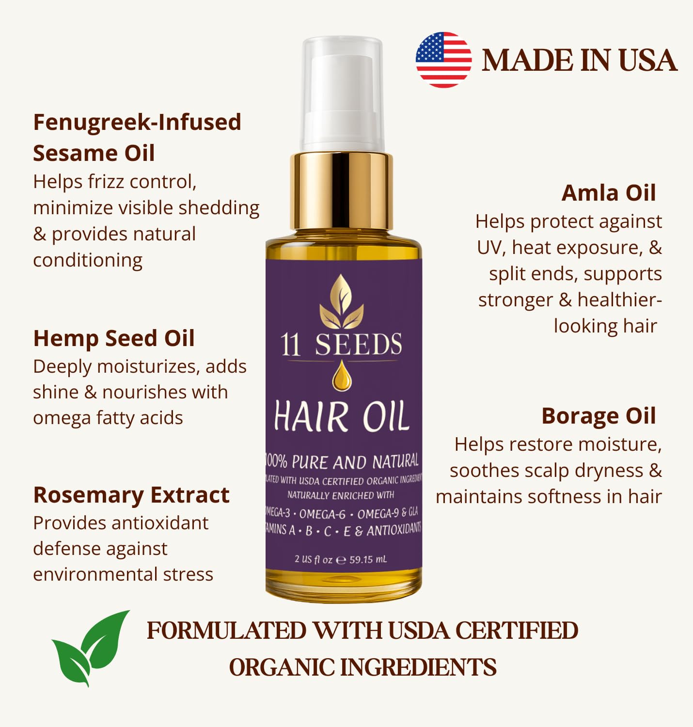 Hair Oil Naturally Enriched with Omega-3-6-9, GLA, Vitamins A, B, C, E, Lightweight Blend Supports Revitalize, Shine, Frizz Control, Color Safe, Helps Reduce Split Ends, UV & Heat - Silicone Free