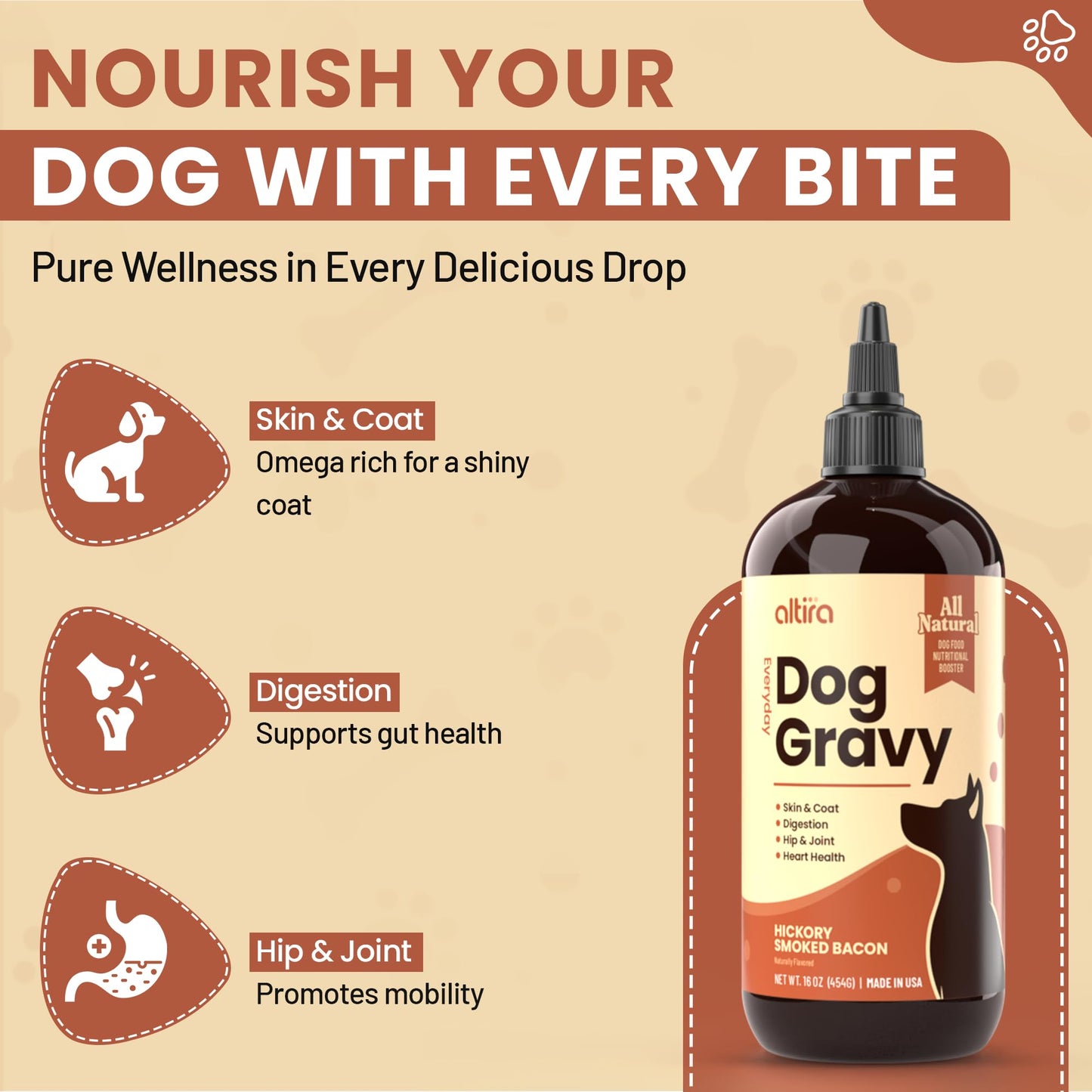 Altira Everyday Dog Gravy Bacon – Premium Wet Dog Food Gravy Toppers for Dry Food – Tasty & Nutritious Dogs Gravy with Essential Vitamins and Supplements – Hip and Joint Supplement
