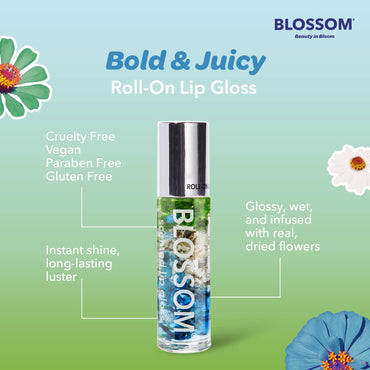 Blossom Roll on Lip Gloss, Scented Clear High Shine Moisturizing Lip Oil, Non Sticky, Infused with Real Flowers, Made in USA, 0.2oz, Mint