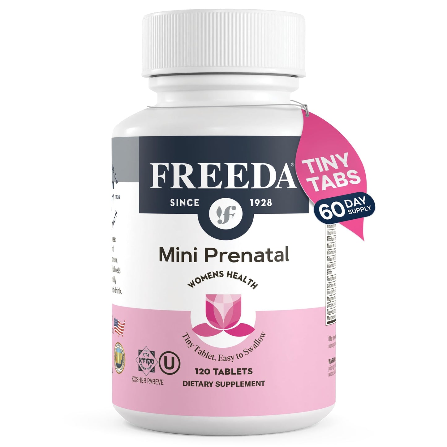 FREEDA Mini Prenatal Vitamin - Kosher Prenatals -Tiny Easy to Swallow Tablets - Prenatal Vitamins with Iron, Prenatal Folic Acid/Folate, Vitamin D - Pre Natal Multivitamin for Pregnant Women (120)