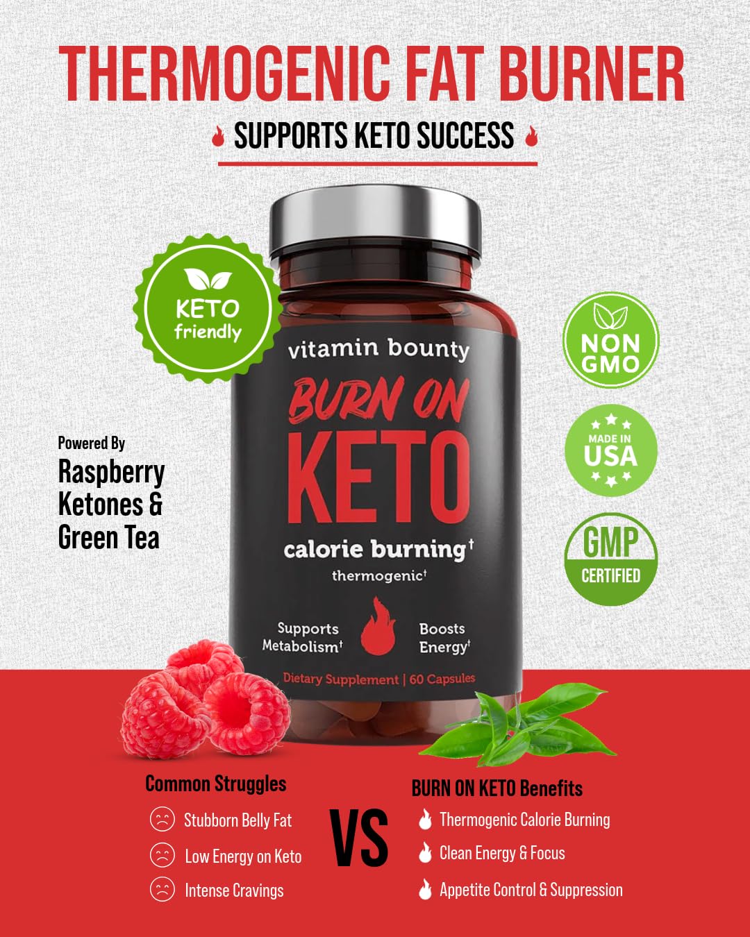 Vitamin Bounty Burn On Thermogenic Keto Fat Burner for Men & Women - Weight Loss Supplement with Raspberry Ketones - Metabolism Booster, Energy Pills, Appetite Suppressant - 60 Capsules