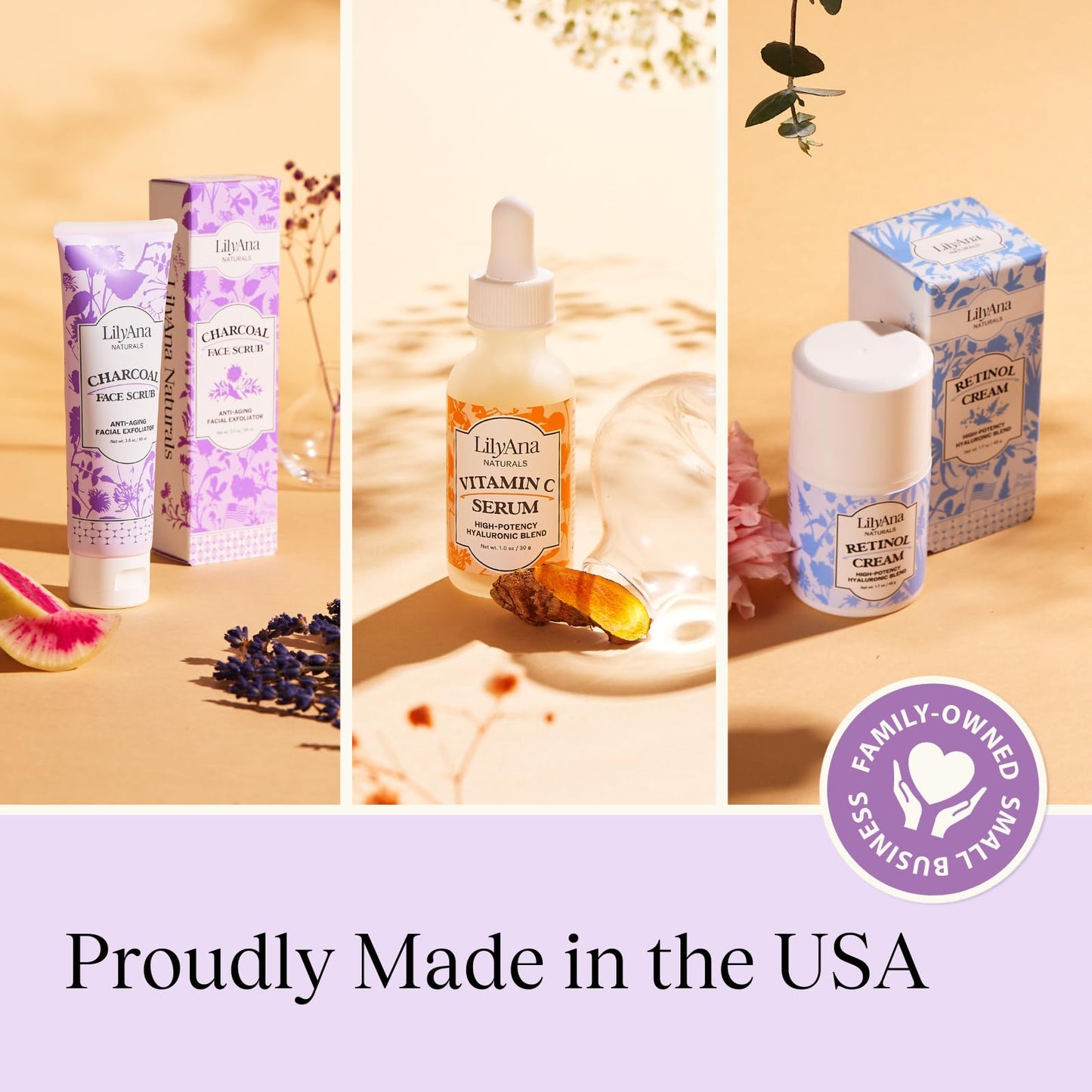 LilyAna Naturals Ageless Beauty Trio Skincare Set - Retinol Cream 1.7 oz, Charcoal Face Scrub 3 oz, Vitamin C Serum 1 oz - Anti Aging Wrinkle Cream for Face and Brightening Serum and Facial Scrub