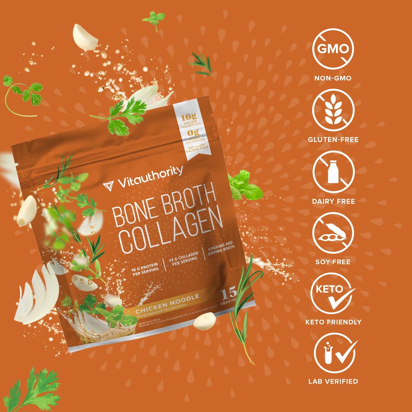 Vitauthority Bone Broth Collagen Delicious Chicken Noodle Flavored - Packed with 16g of Protein & Types I, II, III - Nourishes Skin, Hair, Nails, Joints, & Gut - Beef BoneBroth