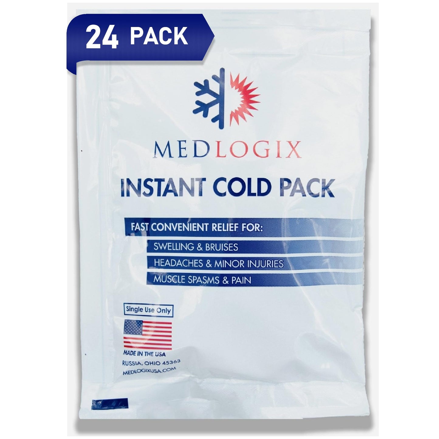 Medlogix Instant Cold Packs | Made in USA | Non-Toxic | 24 Pack 5"x7" | Disposable Ice Cold Compress for First Aid, Pain Relief, Swelling, Hot Flashes, Toothaches, Migraines, Insect Bites