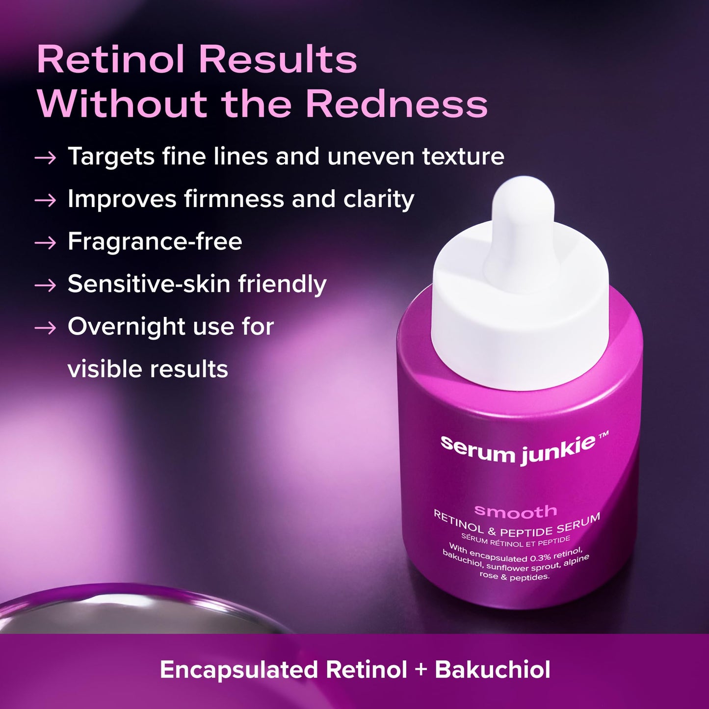 serum junkie SMOOTH Retinol and Peptide Serum with Encapsulated Retinol, Bakuchiol, Matrixyl 3000, Melatonin, Vitamin E, Anti-Aging, Targets Fine Lines, Uneven Texture, Dullness, 1 fl oz