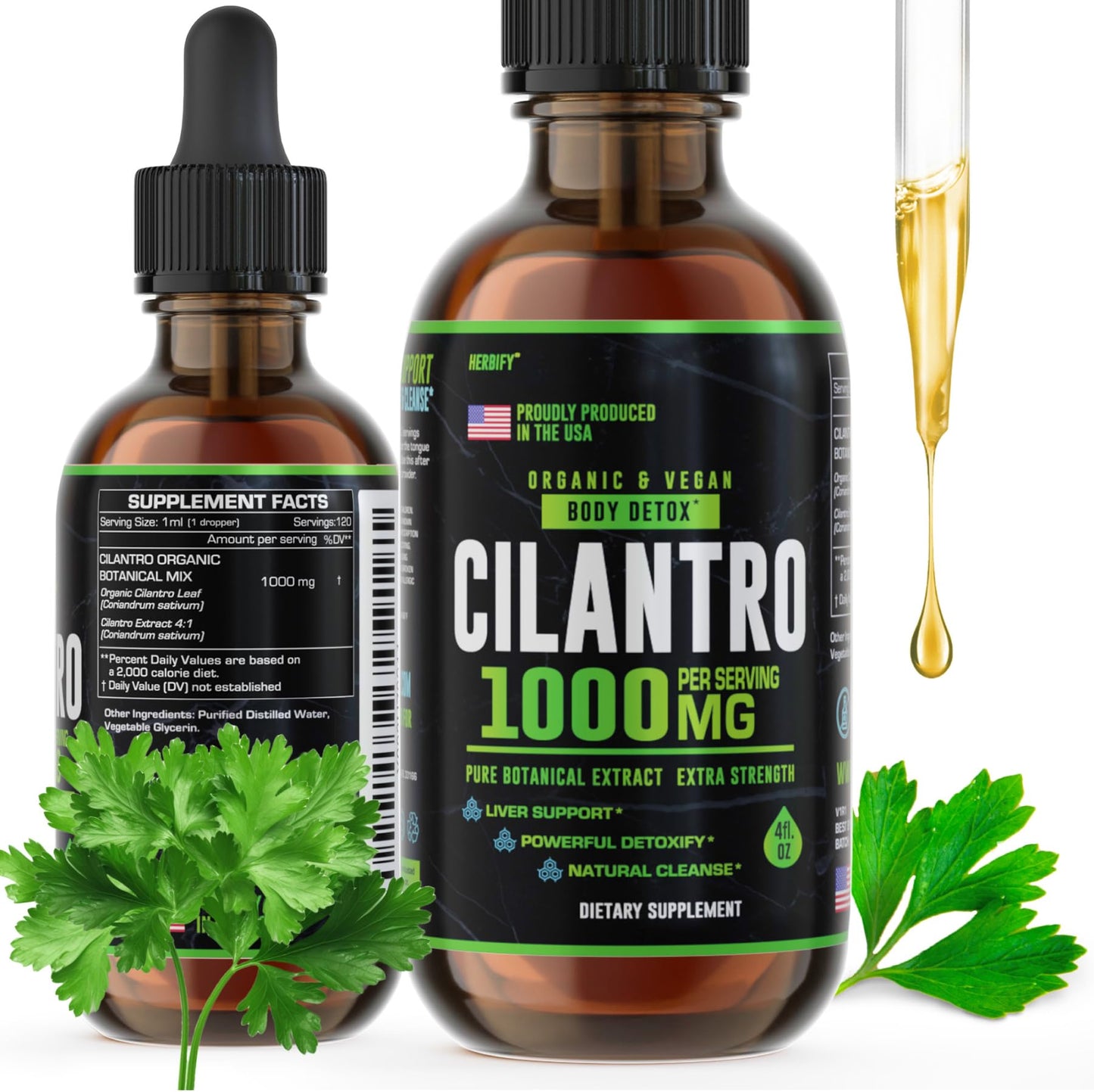 HERBIFY Cilantro Tincture - Herbal Cilantro Supplement for Detox - Rich Source of Antioxidants - Supports Heart and Body Cleanse - Made in USA - Cilantro Extract 4 Fl Oz