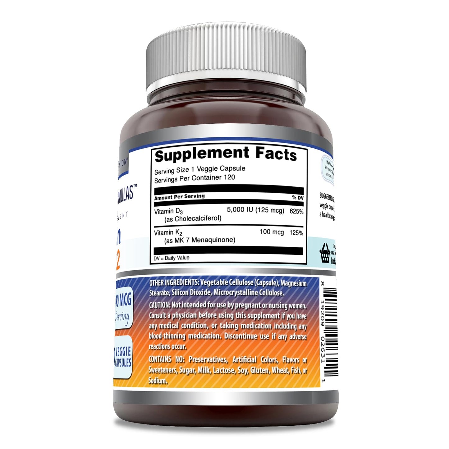 Amazing Formulas Vitamin D3 5000 IU with Vitamin K2 100 Mcg | 120 Veggie Capsules Supplement | Non-GMO | Gluten Free | Made in USA