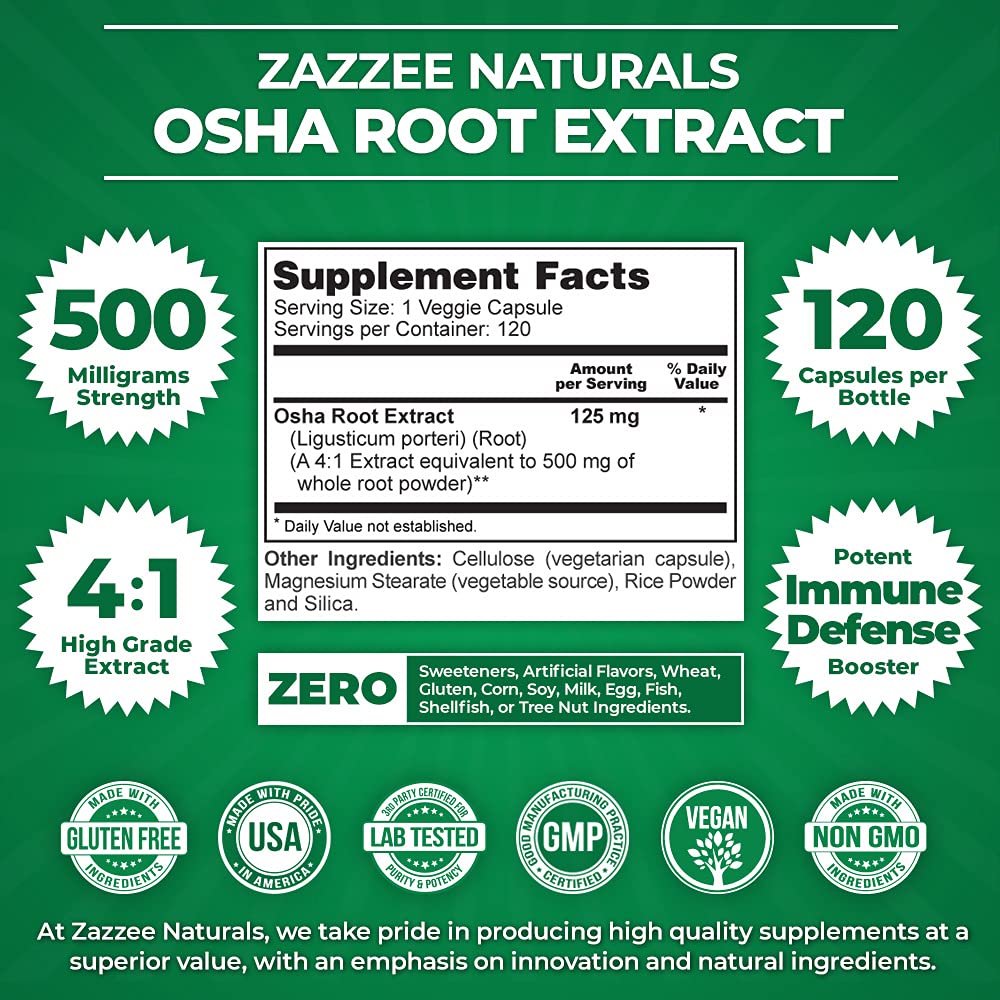 Zazzee OSHA Root 4:1 Extract, 500 mg Strength, 120 Vegan Capsules, 4 Month Supply, Concentrated and Standardized 4X Extract, 100% Vegetarian, Ligusticum porteri, All-Natural and Non-GMO