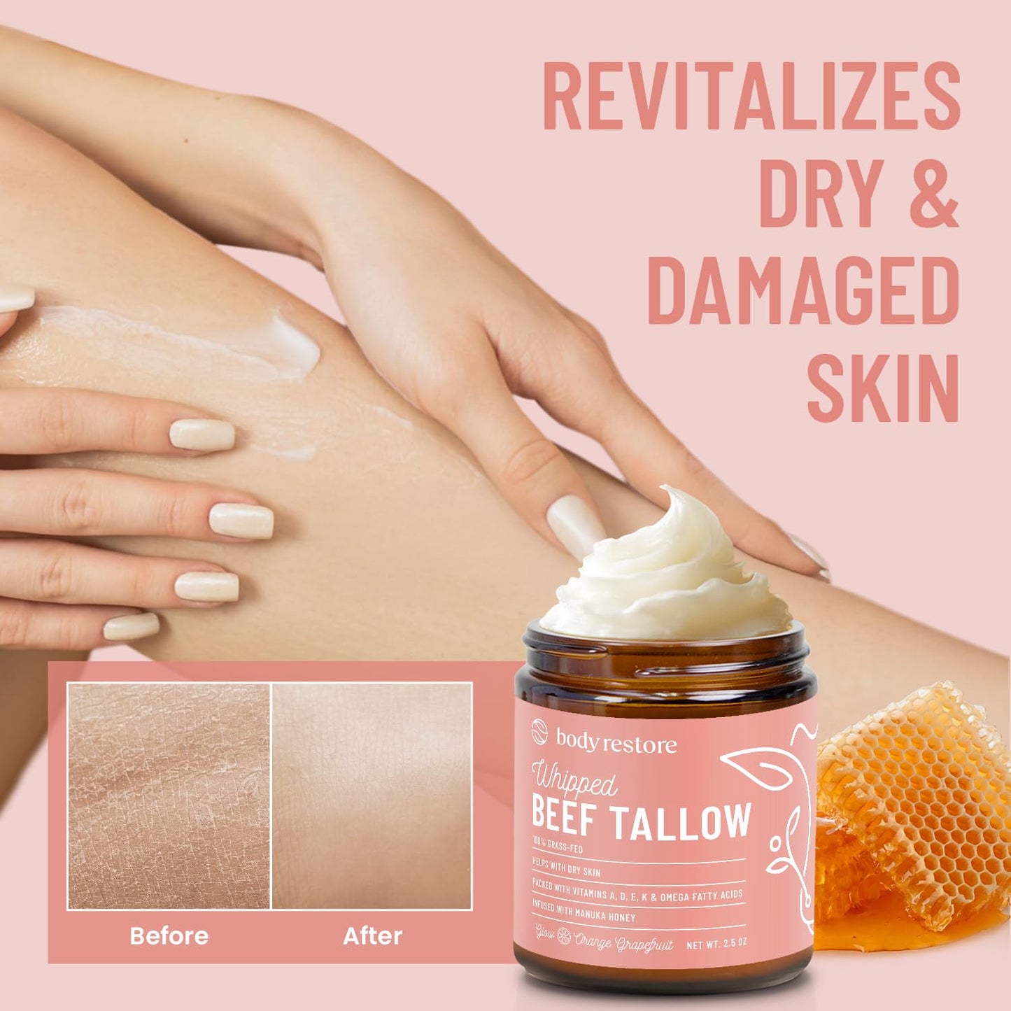 Body Restore Grass Fed Whipped Beef Tallow for Skin, Face, Body, Dry Skin - with Manuka Honey, Jojoba Oil, Birthday Gifts for Women, Men, Travel Essentials, Self Care - Citrus