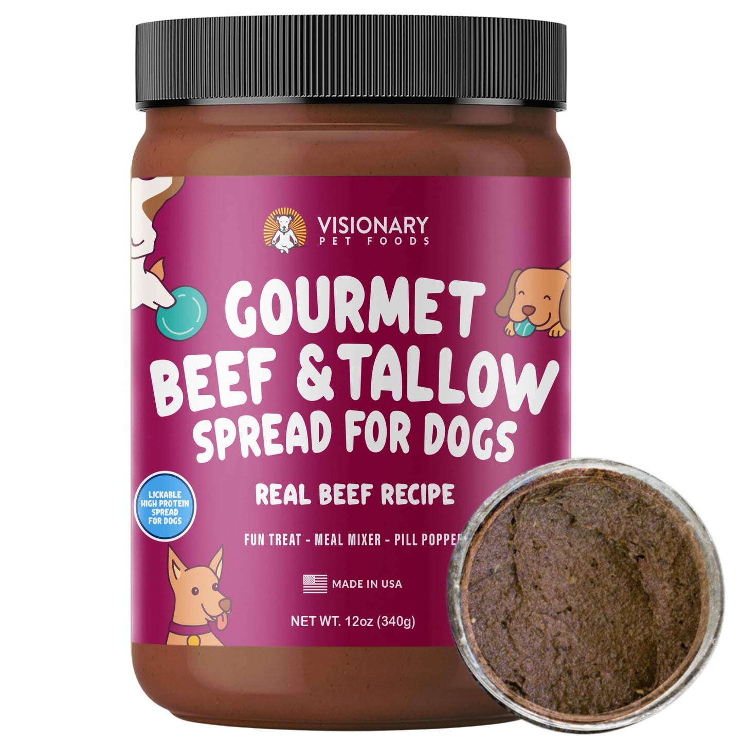 Visionary Pet Foods Beef Meat Spread - Healthy Dog Treat - Alternative to Dog Peanut Butter, Xylitol Free, No Sugar and Filler Free - Use on Lick Mat, Food Mixer, Pill Pockets - 12oz Jar