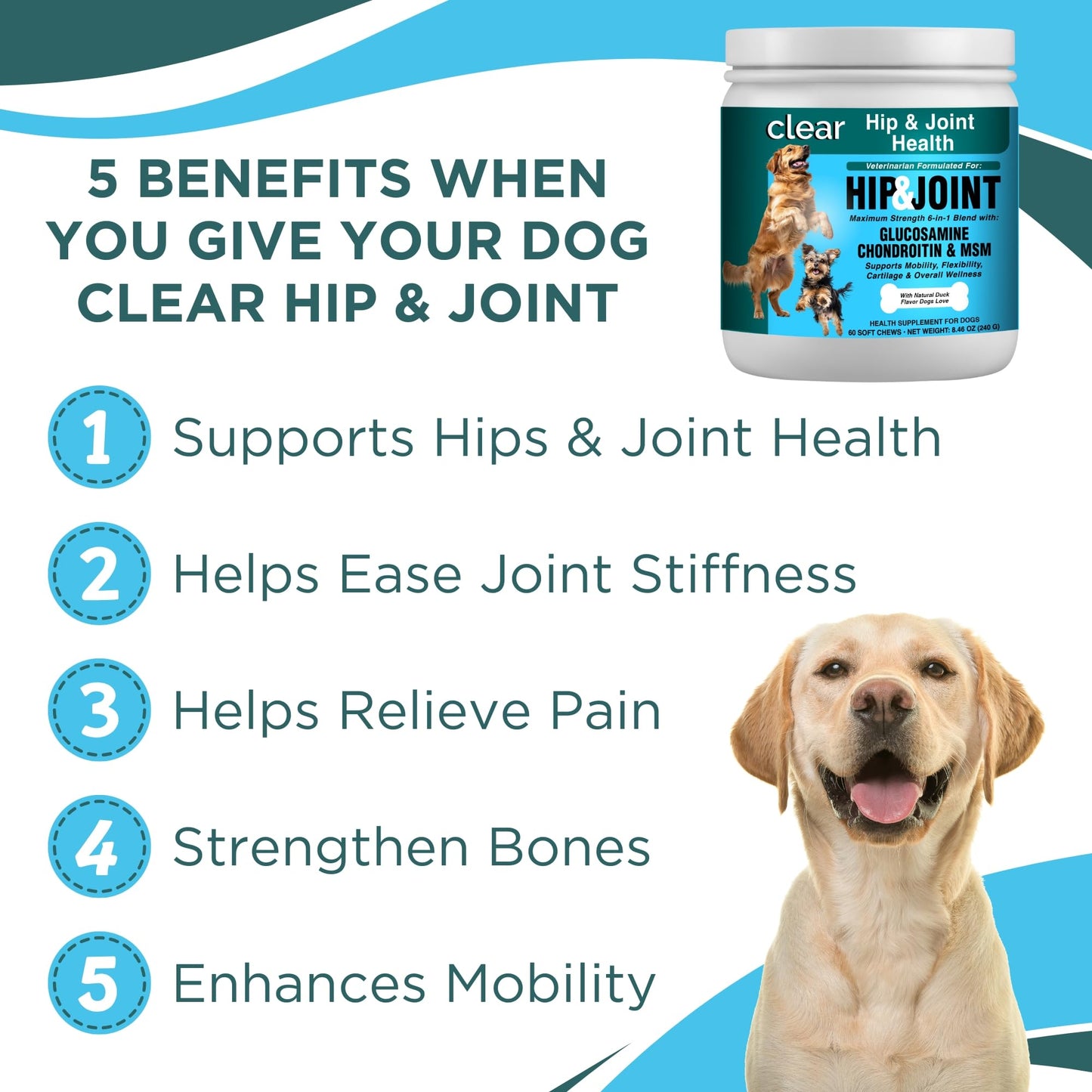 Glucosamine for Dogs Hip and Joint Supplement - Chondroitin, MSM, Green-Lipped Mussel - Clear Hip & Joint - Advanced Mobility Cartilage Support, Bone Health - Tasty Chews - Made in USA