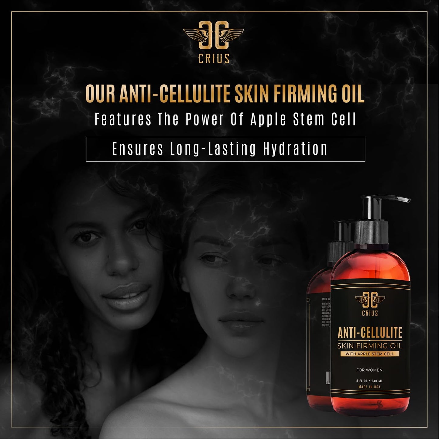 Crius Cosmetics Anti Cellulite Massage Oil with Apple Stem Cell 8 Oz, Made in USA, Quick Absorption, Quality Potent Ingredients, Non-GMO, GMP Certified Facility, Cruelty-Free Products