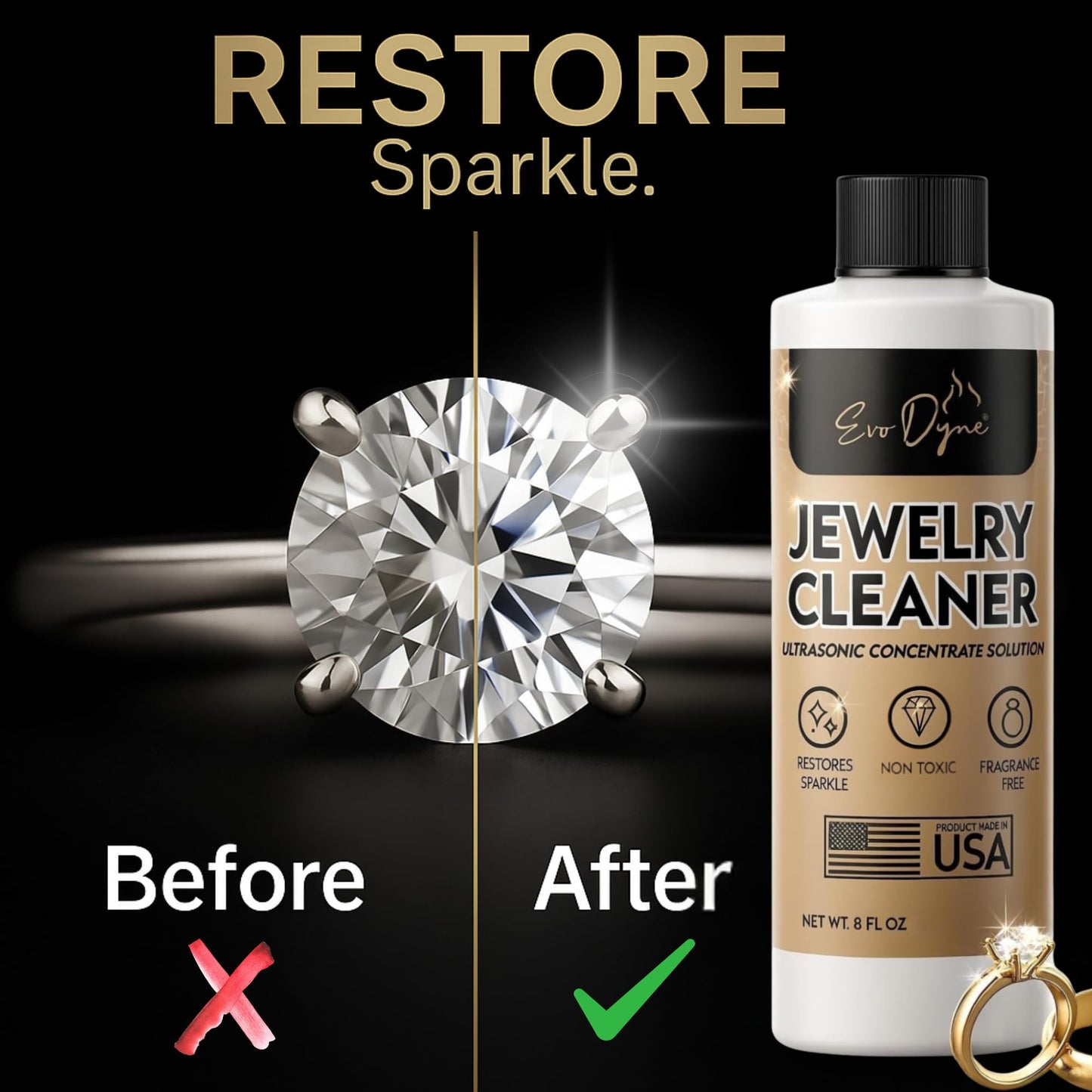 Ultrasonic Jewelry Cleaner Solution (8oz) Concentrated Jewelry Cleaner for Diamonds, Gold, Silver & More | Compatible with Ultrasonic Machine (s) - Made in USA