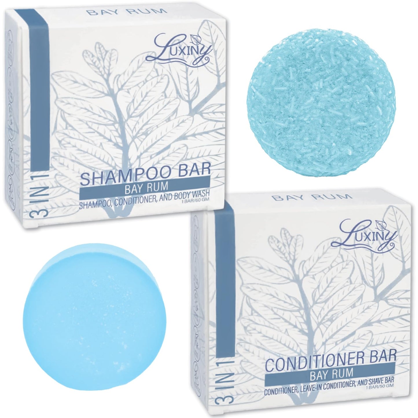Luxiny Travel Shampoo and Conditioner Bar - Plant-Based, Multipurpose, TSA Compliant, Eco-Friendly, Sulfate & Paraben-Free, Suitable for All Hair Types & Color-Treated Hair, 200 grams, Bay Rum Scent