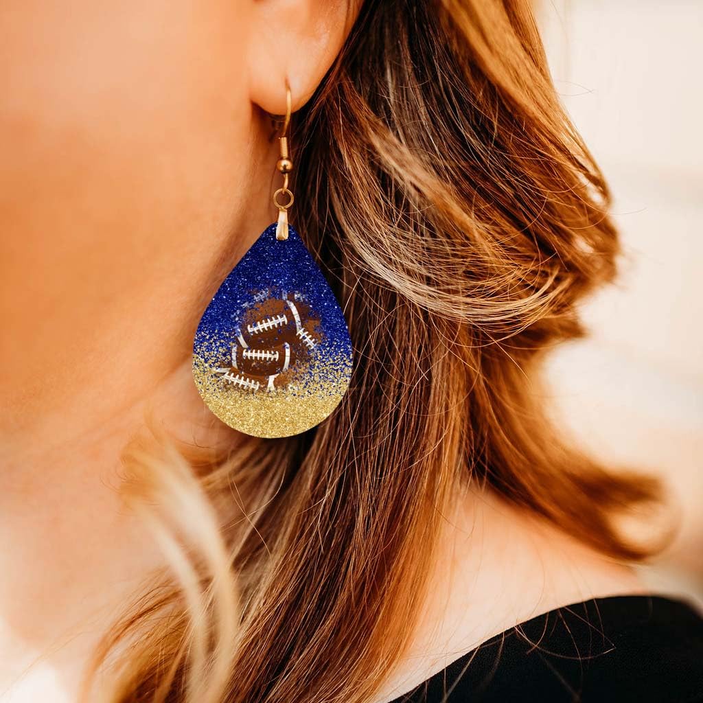 Football Dangle Earrings Blue & Gold Faux Glitter Teardrop Sports School Team Spirit Fan Jewelry Gift for Women Handmade by The Painted Pug (Blue and Gold Faux Glitter)
