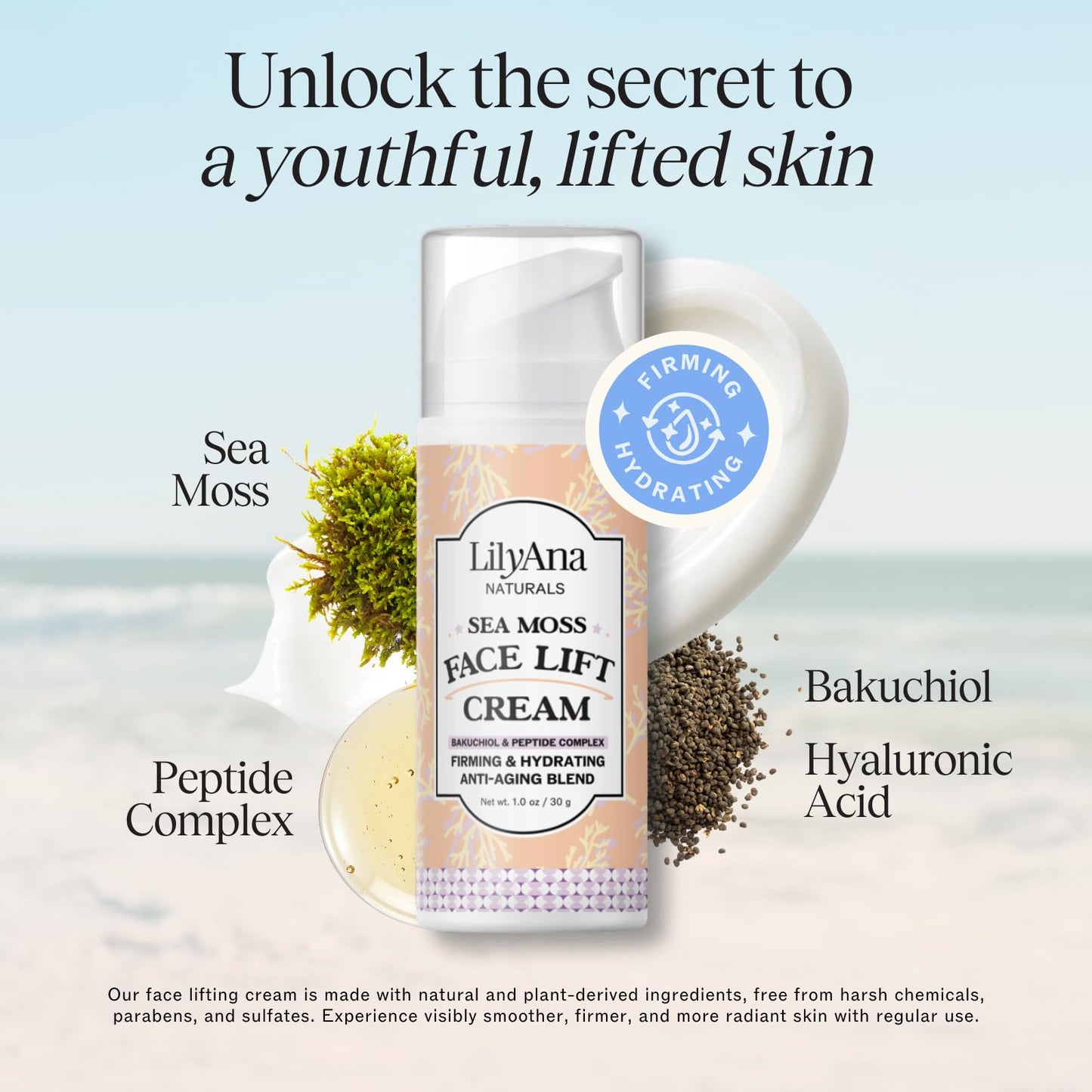 LilyAna Naturals Bakuchiol Face Lift Cream with Sea Moss and Peptide Complex - Face Cream for Women - Moisturizing and Lifting Facial Cream - Anti-Aging Overnight Moisturizer - Made in the USA