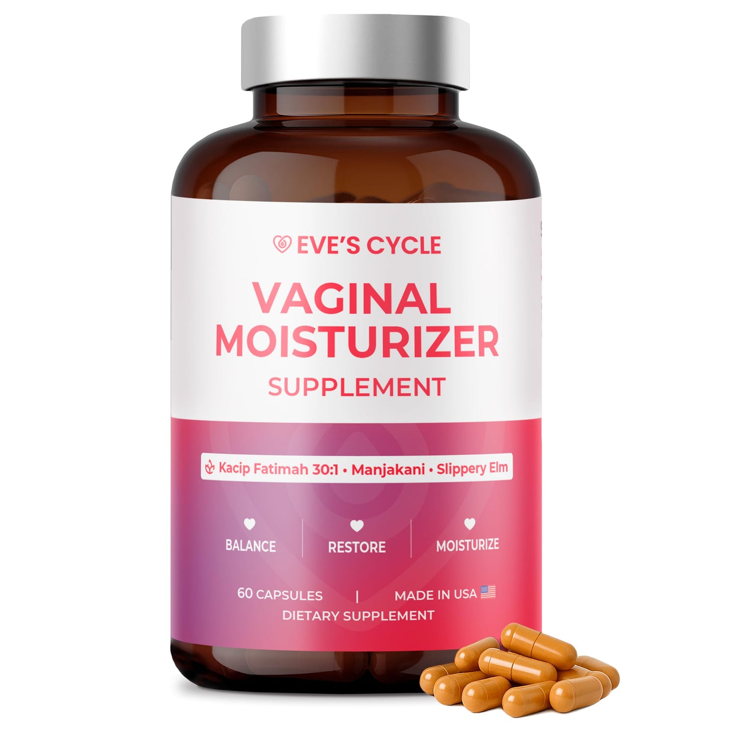 Eve's Cycle Vaginal Moisture + Tightening Supplement - Kacip Fatimah, Slippery Elm for Women, Manjakani for Vaginal Dryness - 60 Vegan Capsules - Made in USA