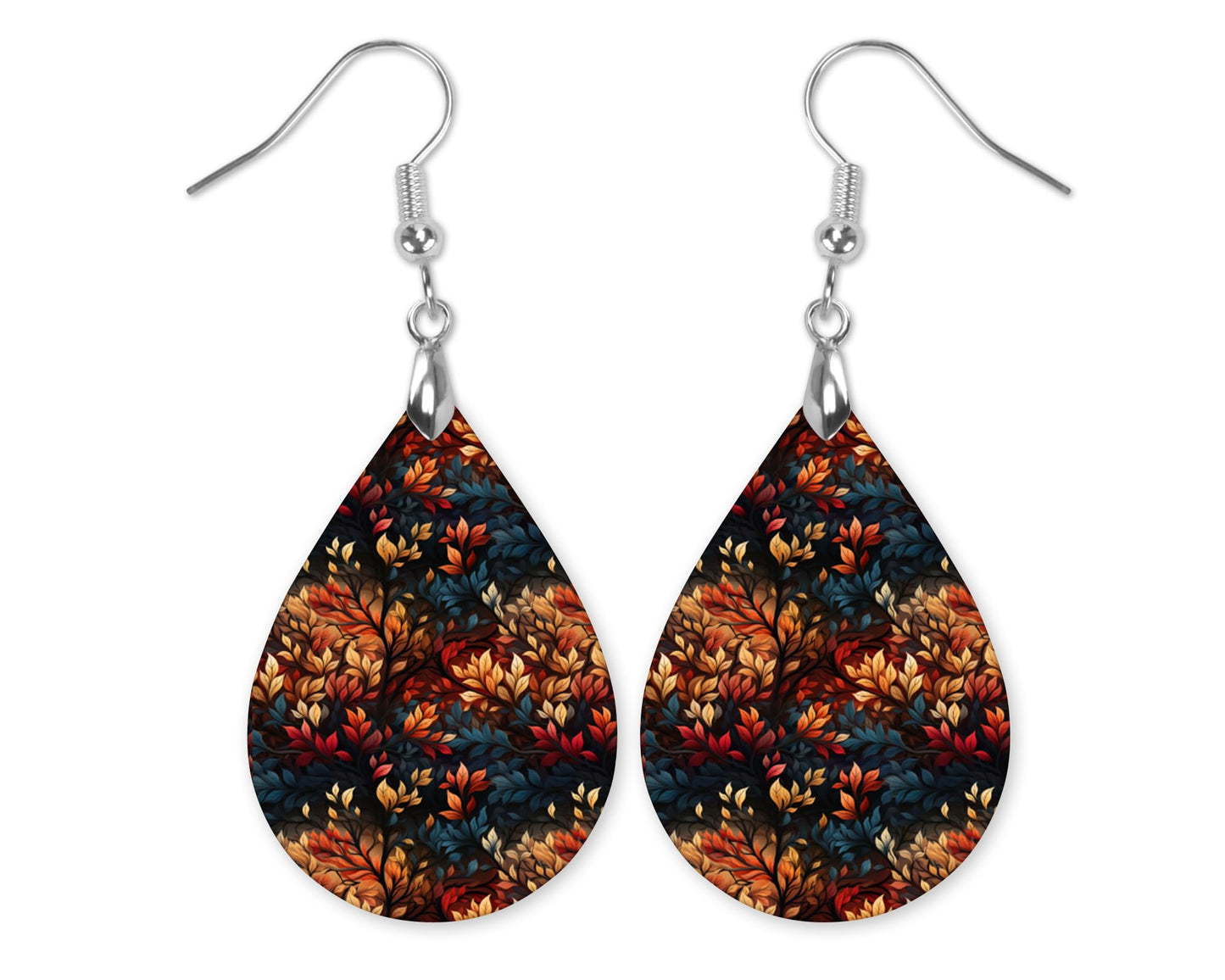 Fall Earrings for Women Autumn Lightweight Teardrop Dangle Fun Colorful Statement Jewelry Handmade by the Painted Pug (Fall Leaves Blue Og)