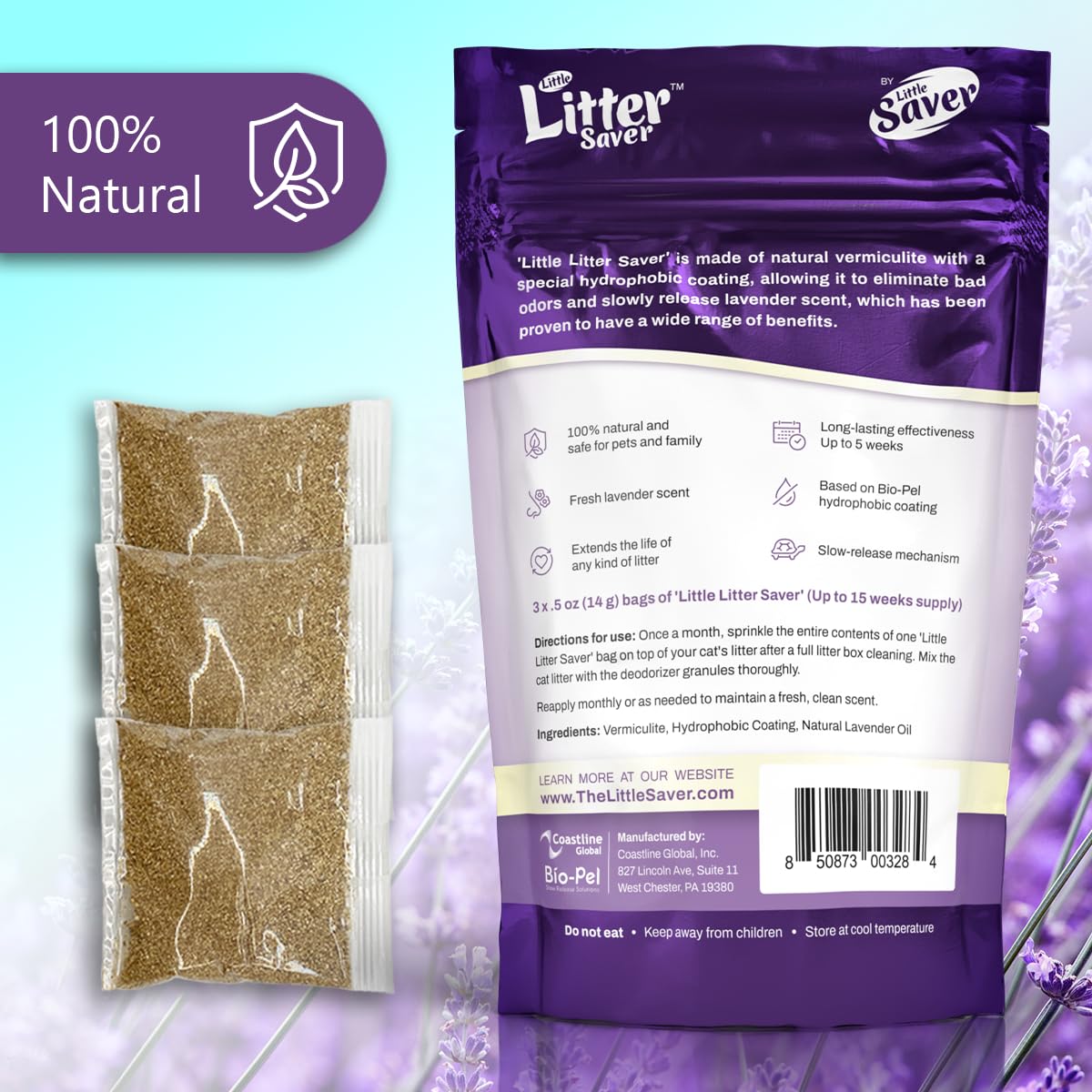 LITTLE SAVER Little Litter Saver | a New Generation Of Cat Litter Box Deodorizer | Unique Slow Release Formula | Natural Fresh Scent | Up to 15 Weeks Supply | 3 x 0.5oz bags (Lavender)