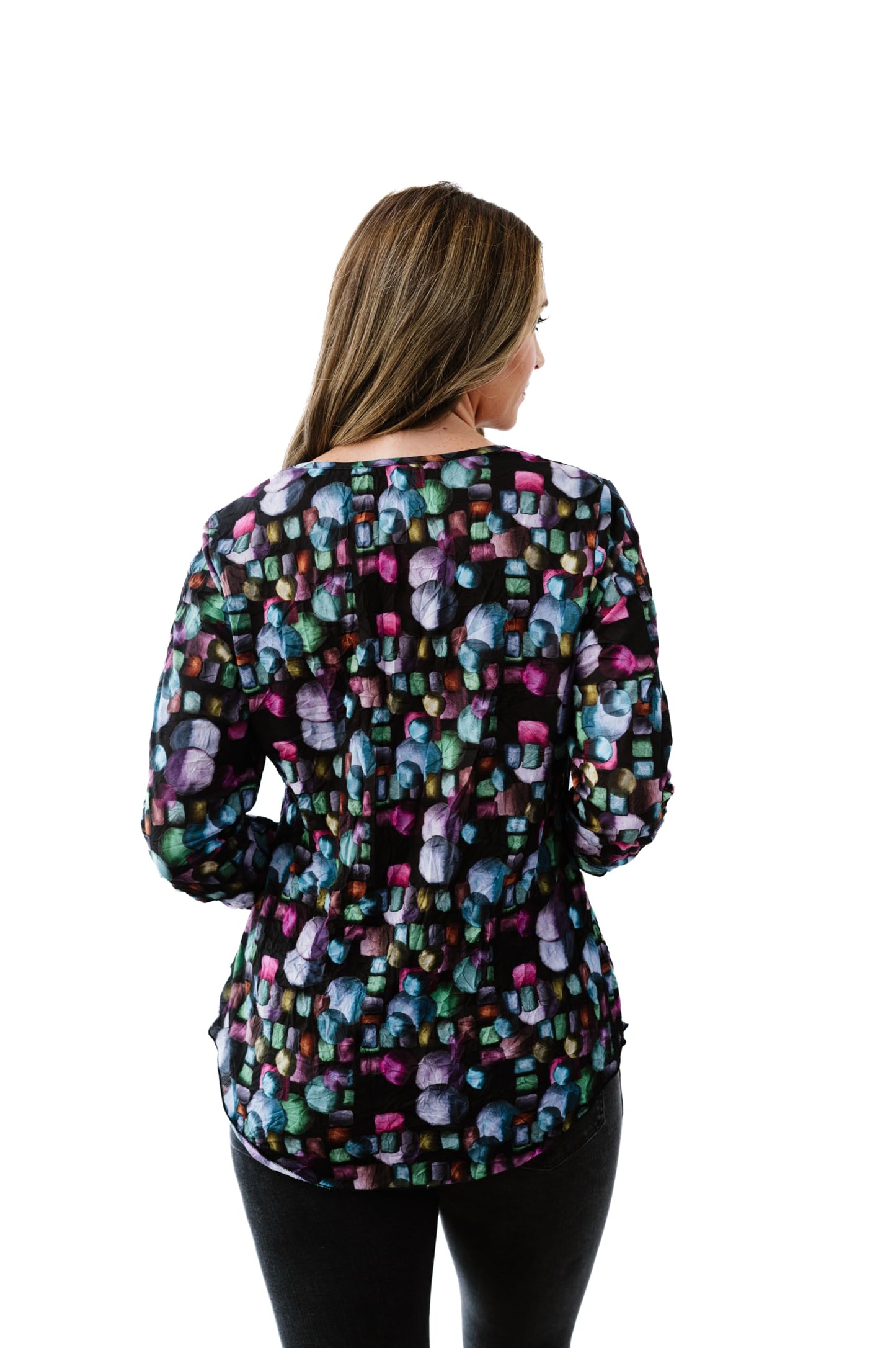 SNO SKINS Fall/Winter Collection Designer Print Crinkle V-Neck Top with Rouched Detail (Galaxy)