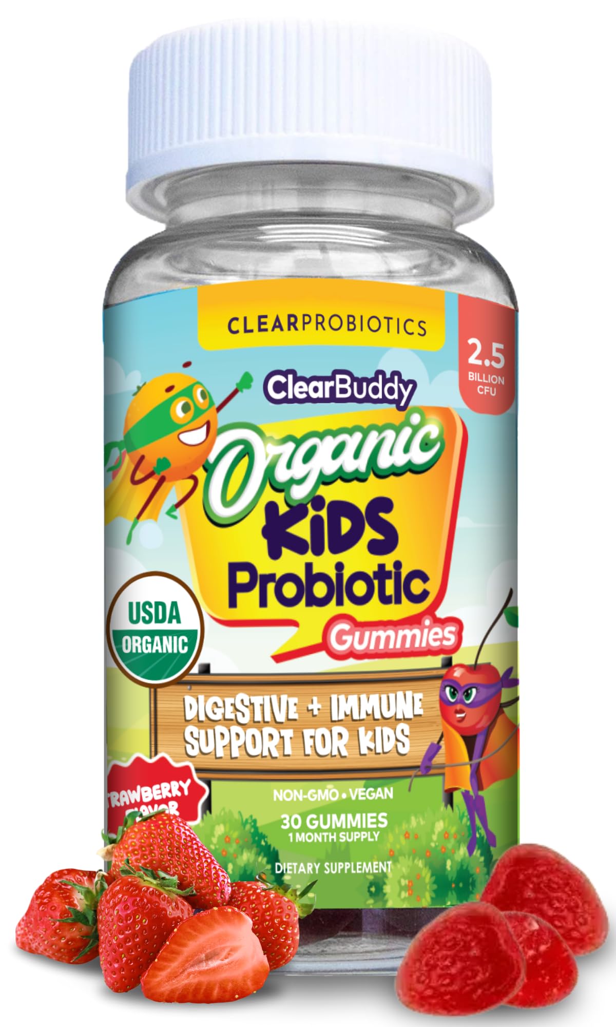Kids Probiotics Gummies – Daycare Formulated Immunity Gummies - Immune System Boost & Improved Regularity - Plant-based Organic, 2.5 Billion CFU - DE111 Bacillus Subtilis - Strawberry – 1 Month Supply