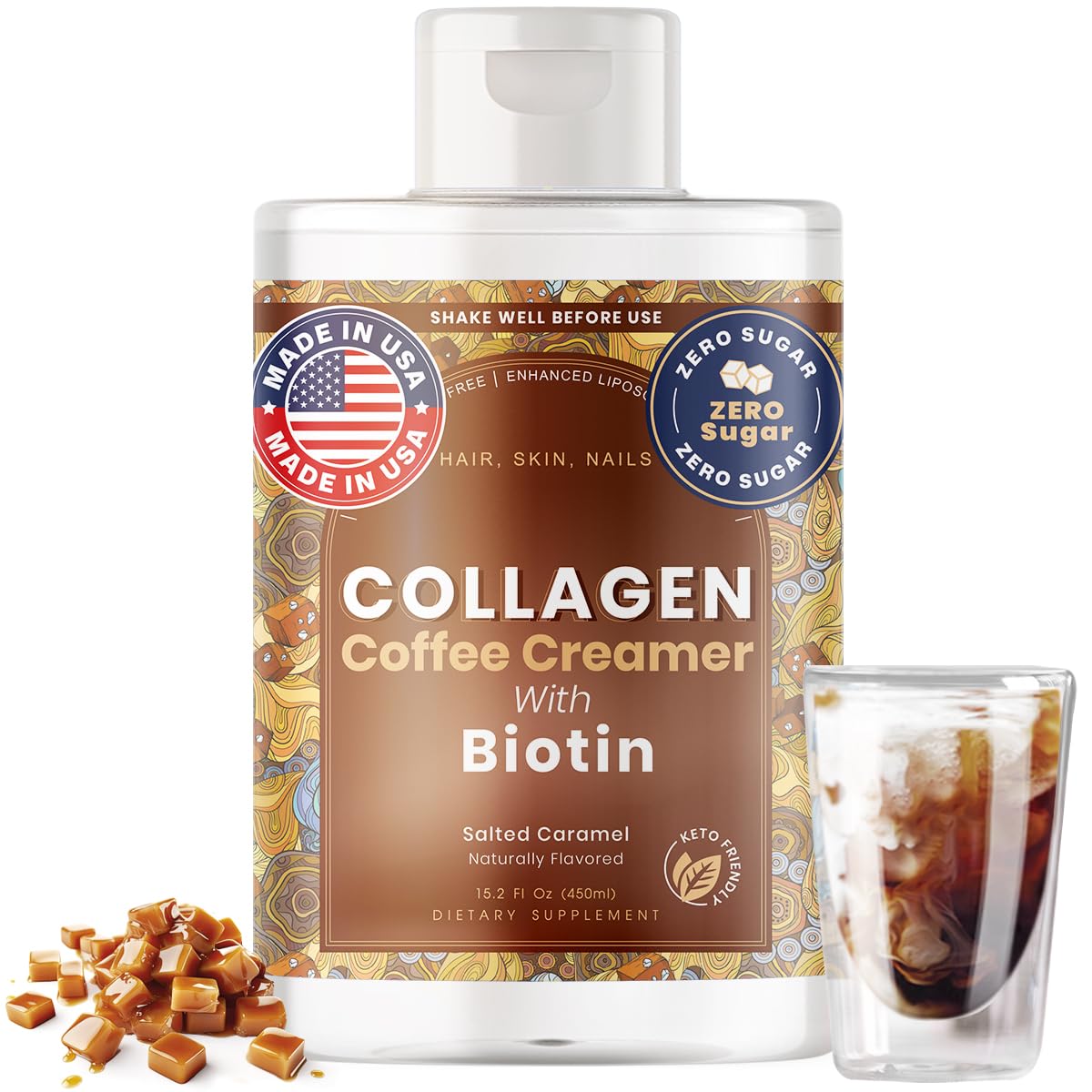 Owl & Ox Collagen Coffee Creamer Biotin-Infused for Healthy Hair, Skin & Nails | Keto, Dairy-Free, Sugar-Free, Gluten-Free | Liquid Salted Caramel | 30 Servings